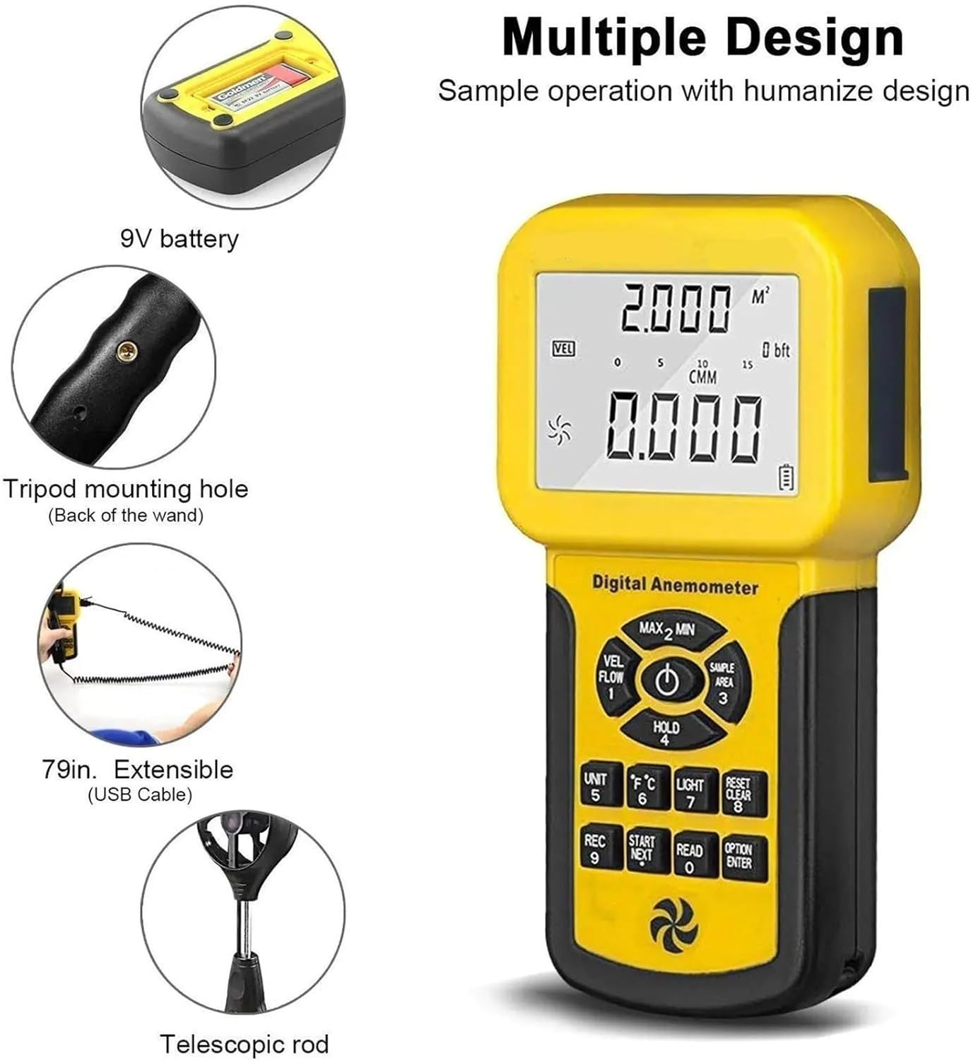 Anemometer Measures Wind Speed Wind Flow Wind Temp Tester CFM Air Flow Velocity Meter with Backlight image number 5