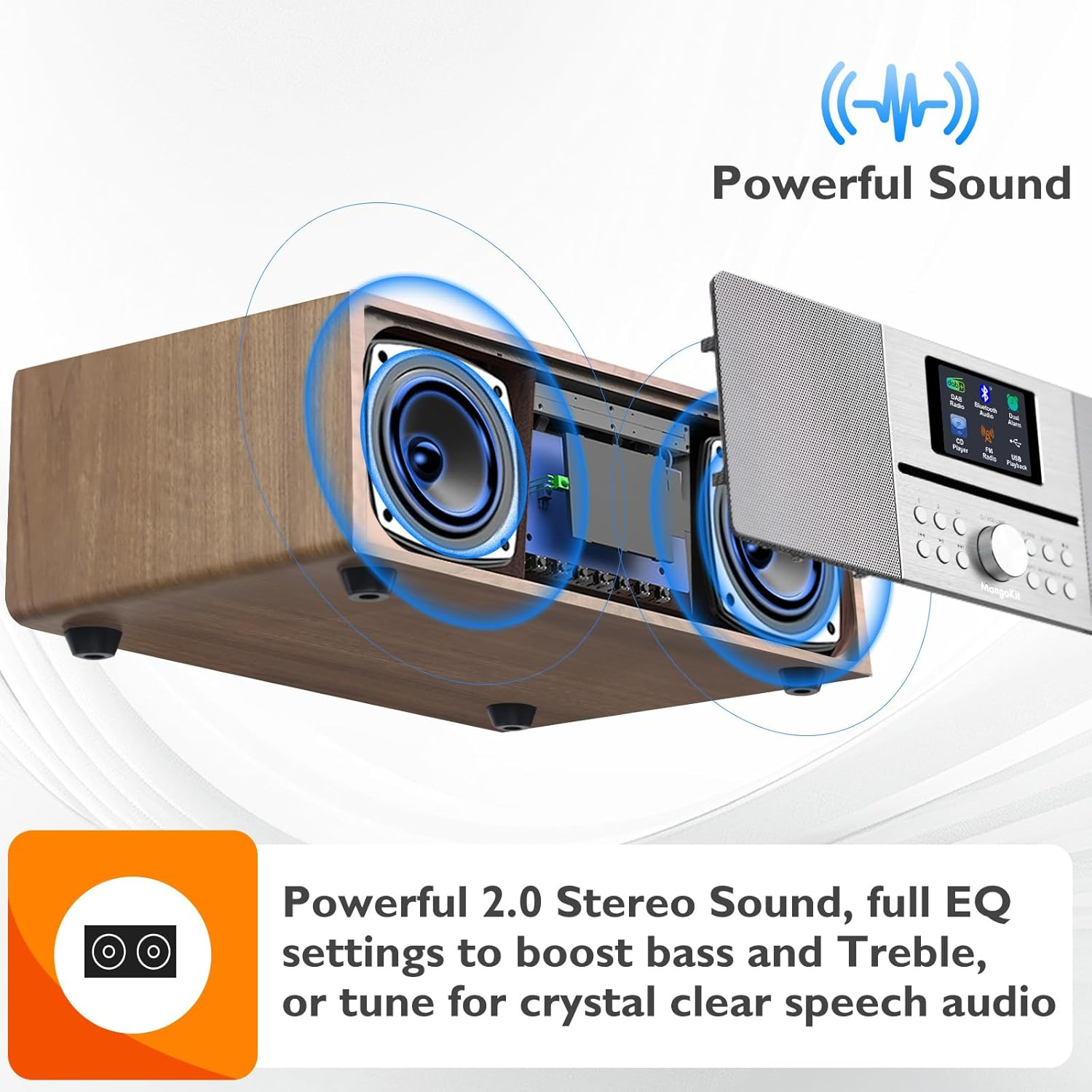 Mangokit MS4 CD Player DAB Radio Hifi System I Bluetooth I Powerful Stereo System I Digital Radio Dab+Iacoustic Wood Cabinet I CD Player with Speakers 100W I 40 Presets,Headphone Jack I Walnut Finish image number 4