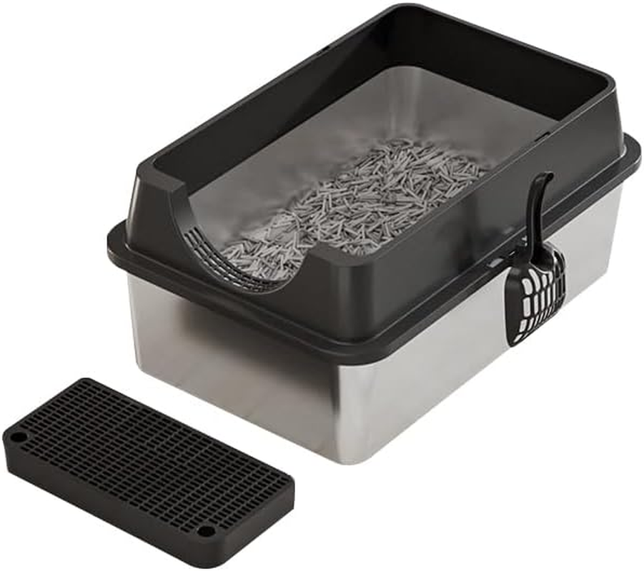 Extra Large Stainless Steel Cat Litter Box with High Sided Walls for Big Cats, anti Urine Leakage, Odorless and Easy Cleaning, for Healthy Cats, Includes Foot Pad & Scoop - XXL Litter Box (Black)