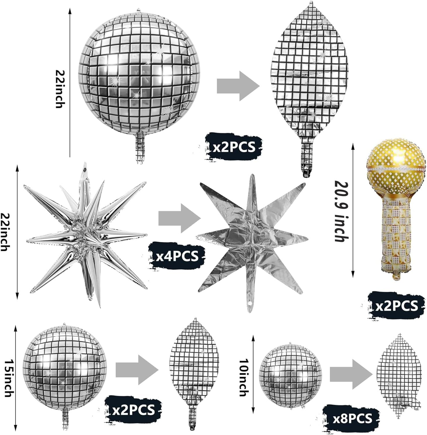 18 Pcs Disco Ball Balloons 4D Large Foil Balloons with 2 Gold Microphone Balloons Explosion Star Aluminum Foil Balloons 22 Inches 15 Inches 10 Inches Silver Disco Balloons for Disco Party Supplies image number 4