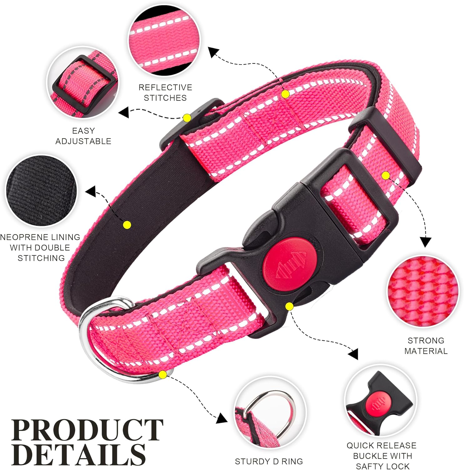2 Pack Reflective Dog Collars for Medium Dogs Girl Boys,Nylon Durable Soft Padded Neoprene Male Female Dog Collars for Small Puppy Extra Large Dogs with Quick Release Safety Buckle,Pink,Blue,M image number 3