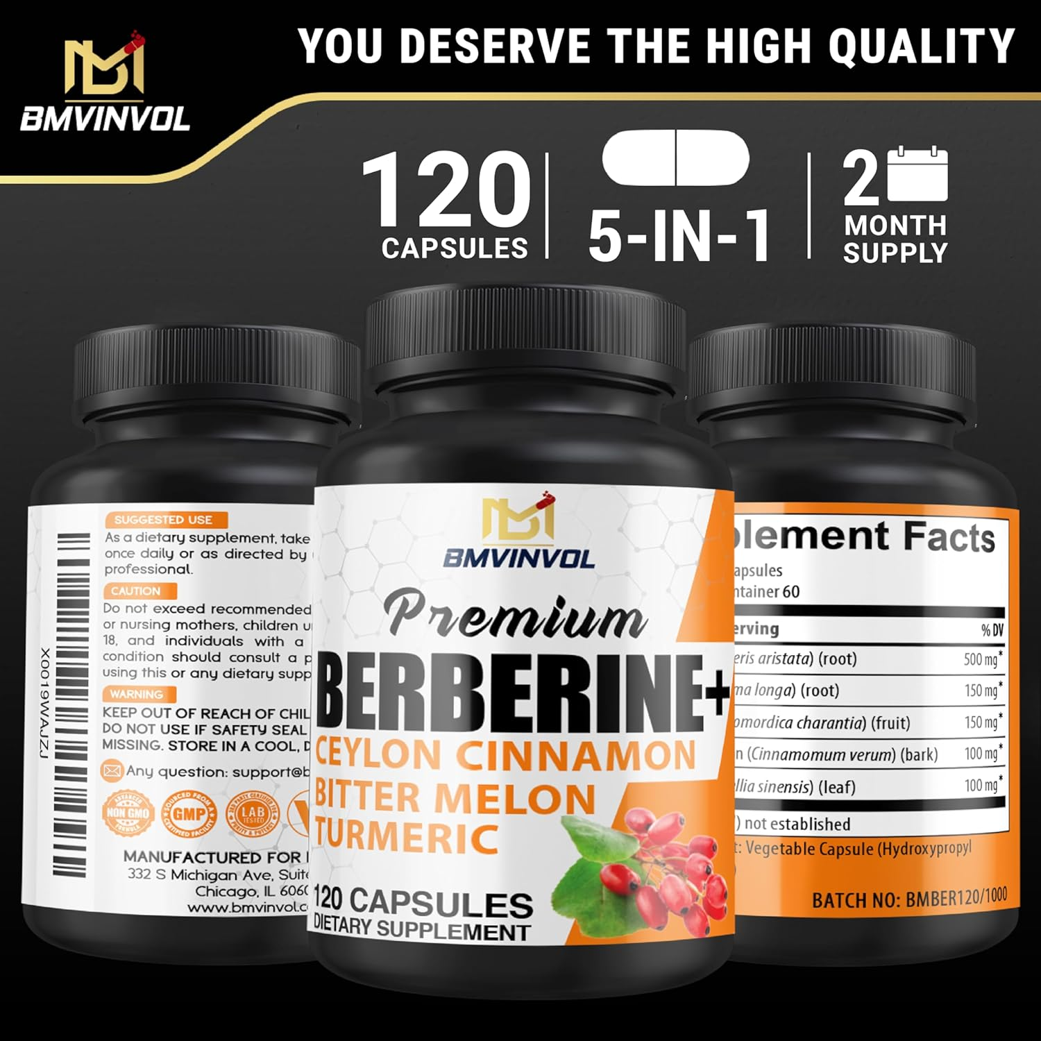 Berberine Supplement with Ceylon Cinnamon Bitter Melon Turmeric Green Tea Supports Immune System - 120 Vegan Capsules - 4 Month Supply image number 1
