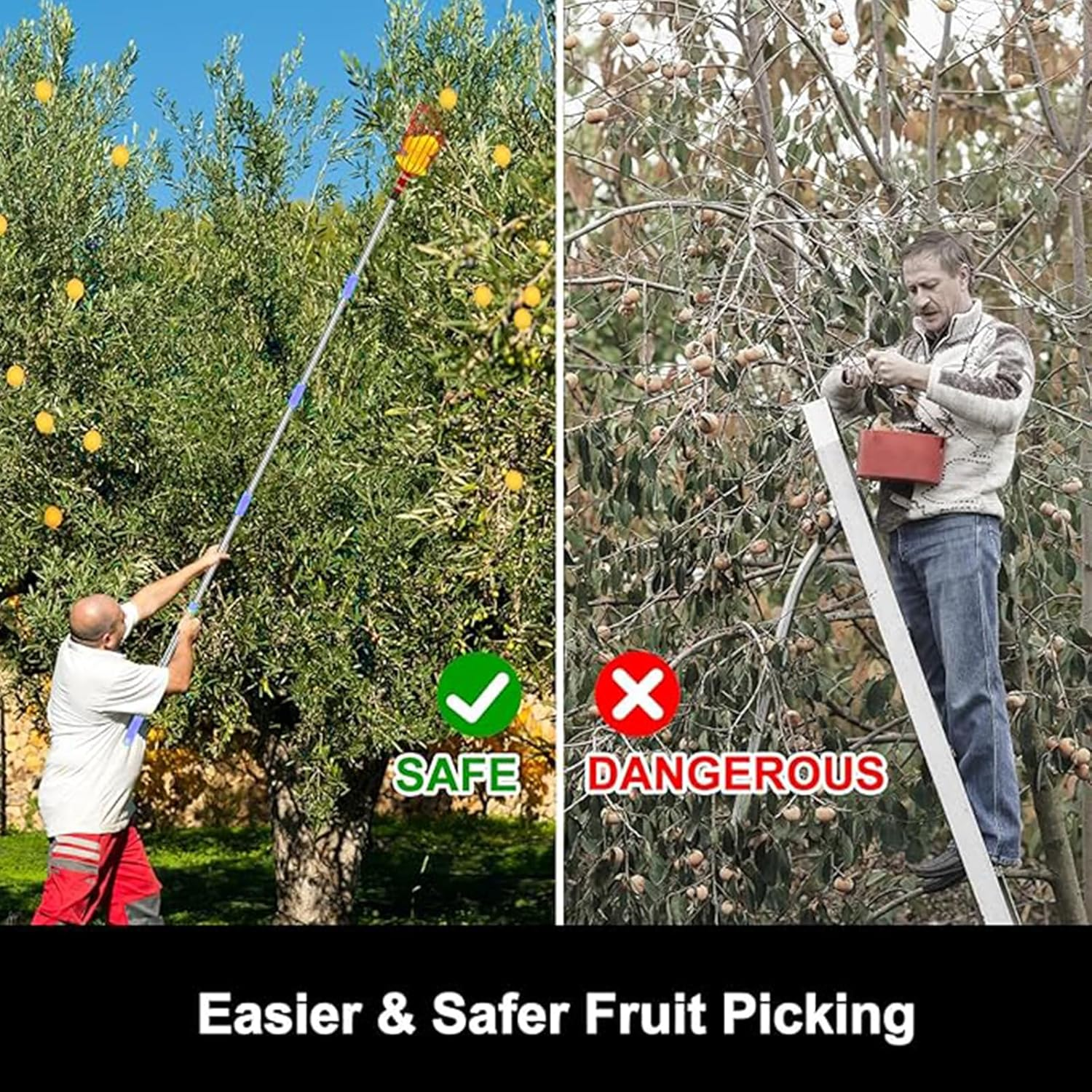 Fruit Picker Pole Tool with Basket Telescoping Long Handle,8 FT Adjustable Stainless Steel Handle,Apple Orange Picker Pole Tool with Basket for Avocado Acorn Lemon Pear Mango Tree Picker image number 5