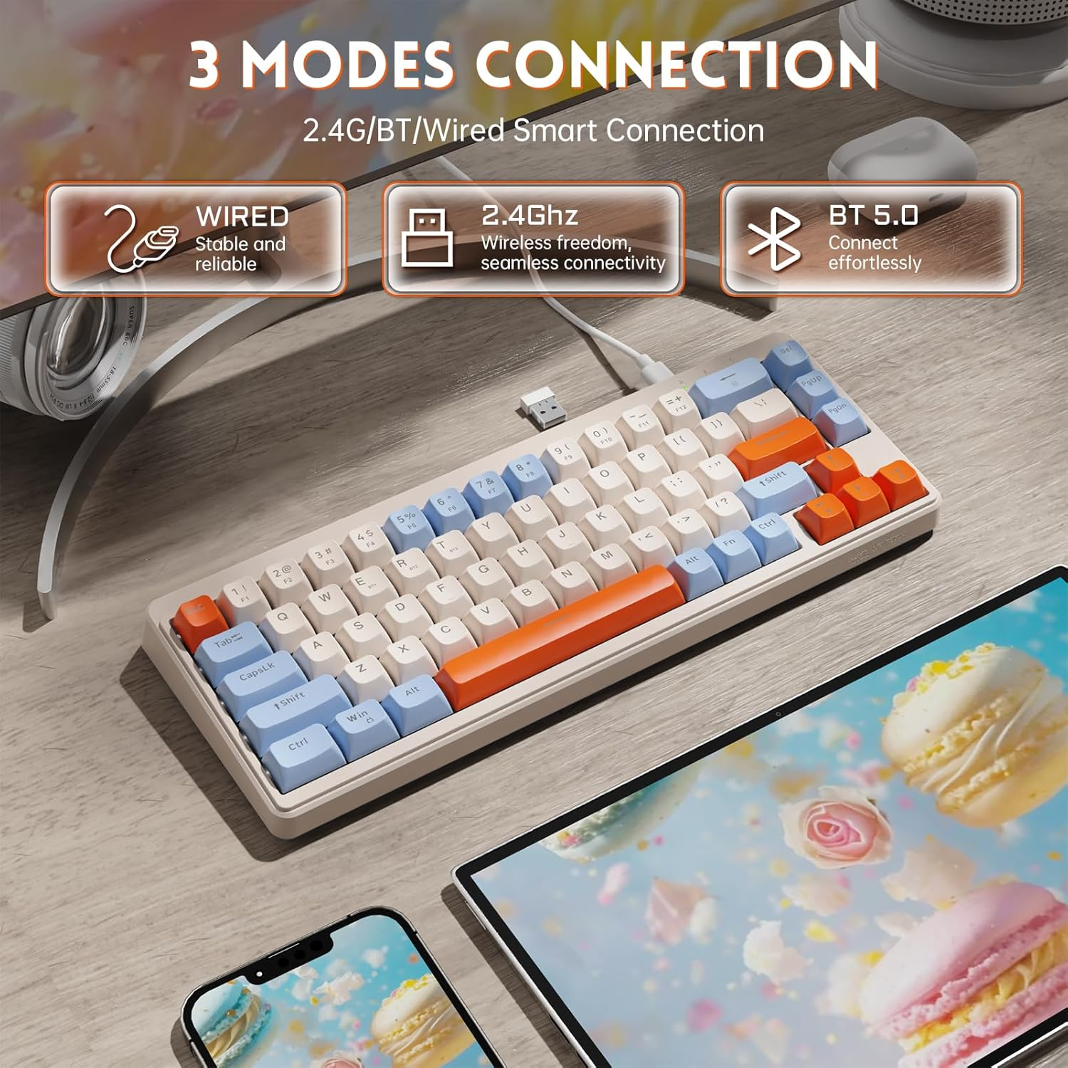 ZIYOU LANG &times;FREEWOLF M68 TKL Wireless Gaming Keyboard, 3-Mode Compact Membrane Keyboard 2.4Ghz/Bt5.1/Usb-C, 19 Keys Anti-Ghosting, 2000Mah Rechargeable - Cranberry