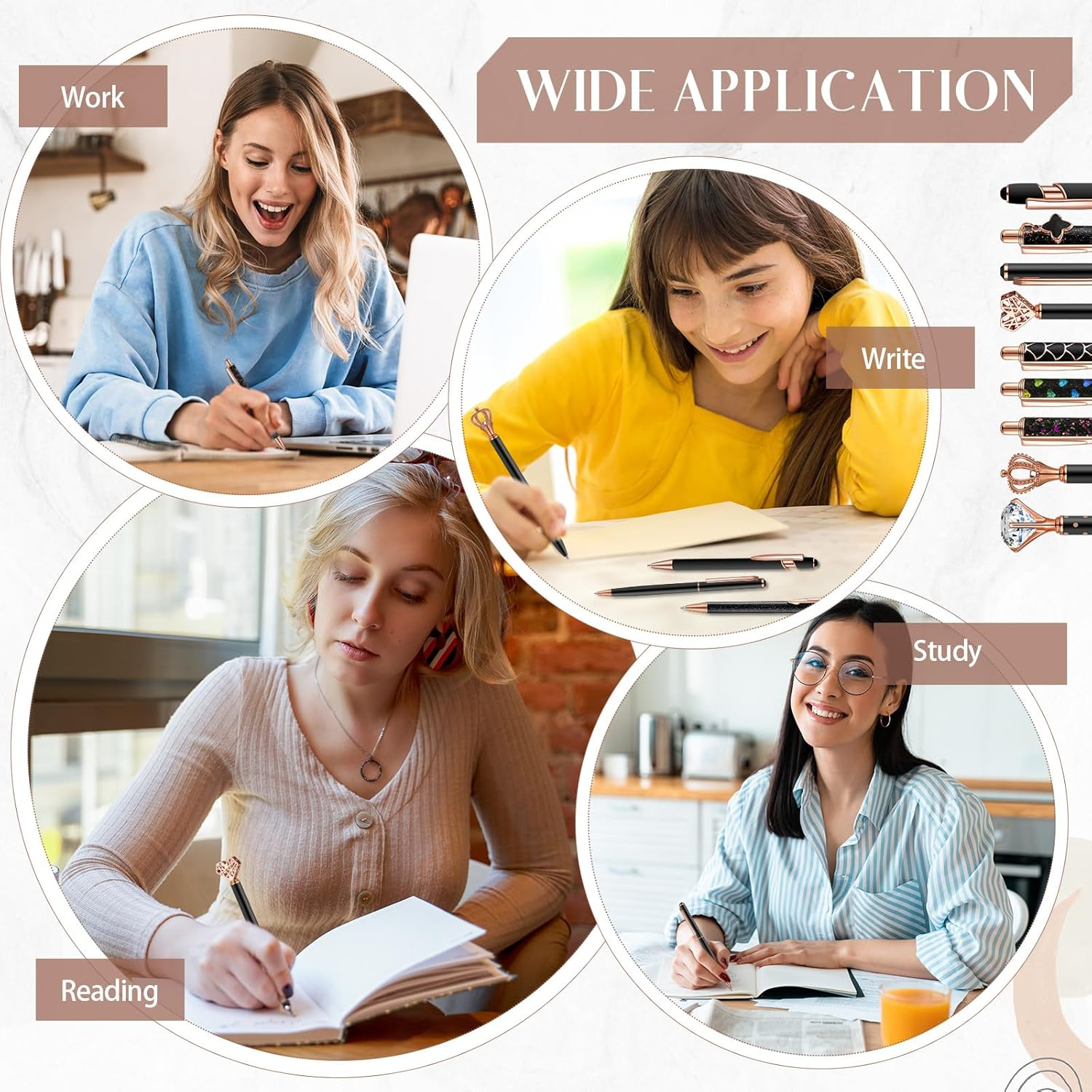 Janmini 9 Pcs Ballpoint Pens Set Metal Crystal Diamond Pen Liquid Sand Glitter for Journaling Black Ink Pretty Cute Fancy Gifts Women Girls School Wedding Office Desk Supplies (Black) - Brown image number 5