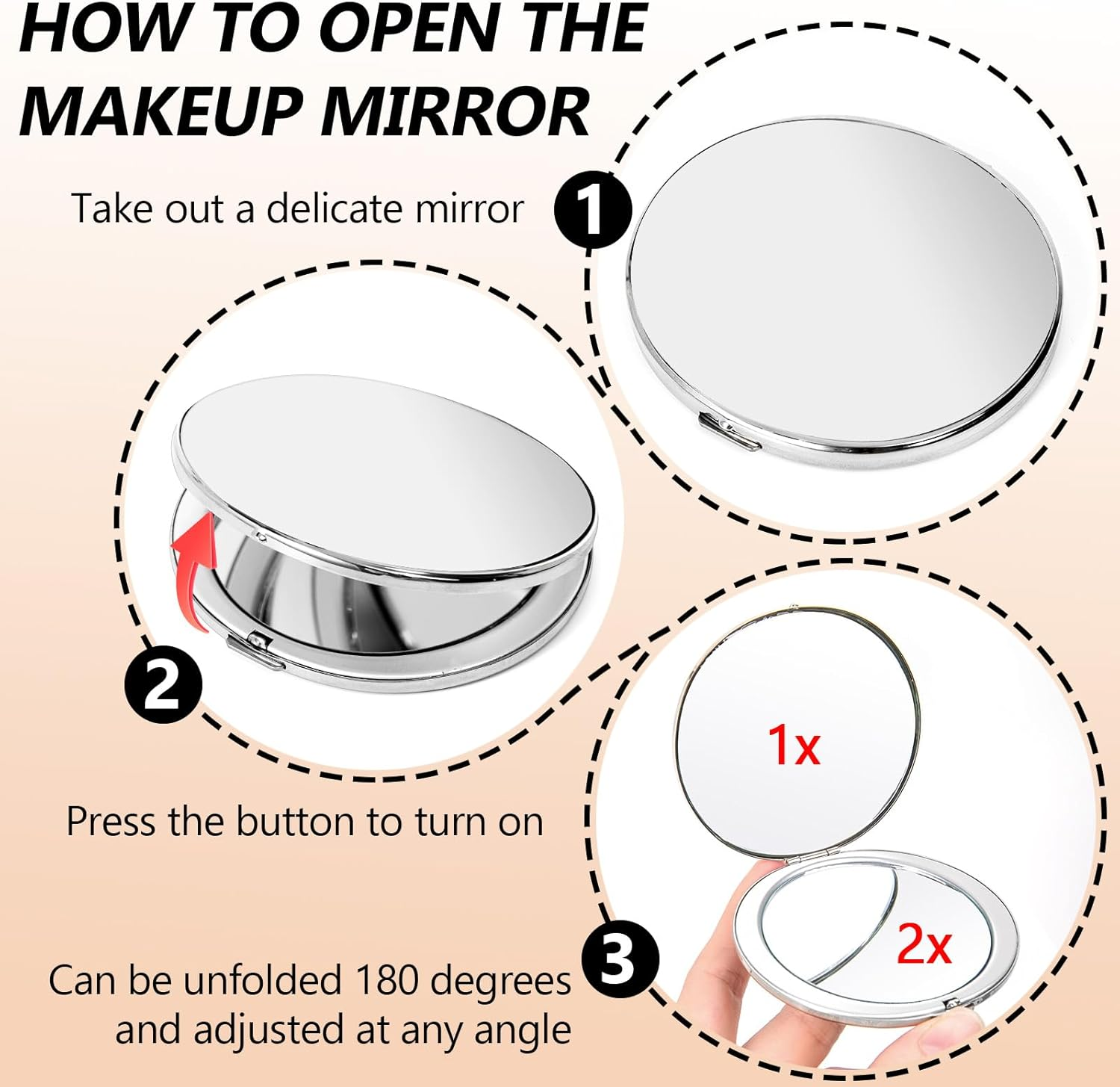 Mini Portable Oval Metal Folding Mirror, Beautiful and Elegant, Sturdy and Durable, 1X/2X Magnifying Glass. (Bare Silver) - Bare Silver image number 6
