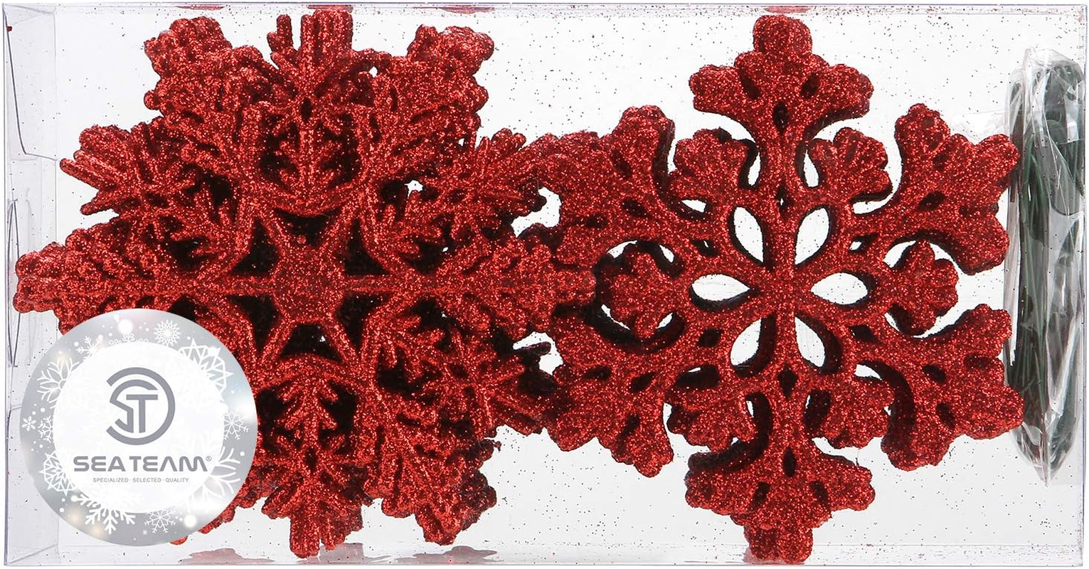 Sea Team Plastic Christmas Glitter Snowflake Ornaments Christmas Tree Decorations, 4-Inch, Set of 36, Red image number 1