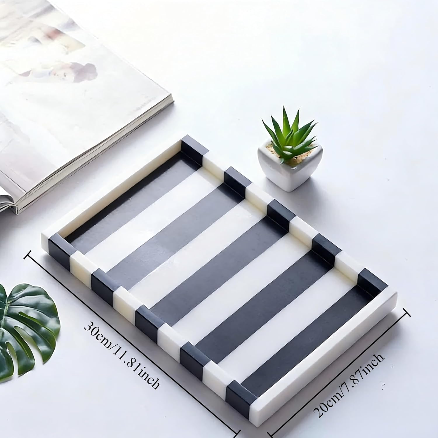 Striped Natural Marble Tray, Black White Geometric Rectangular Tray, Vanity Organizer for Jewelry, Makeup, Bath Essentials, Modern Home Decor - Black White Round image number 5