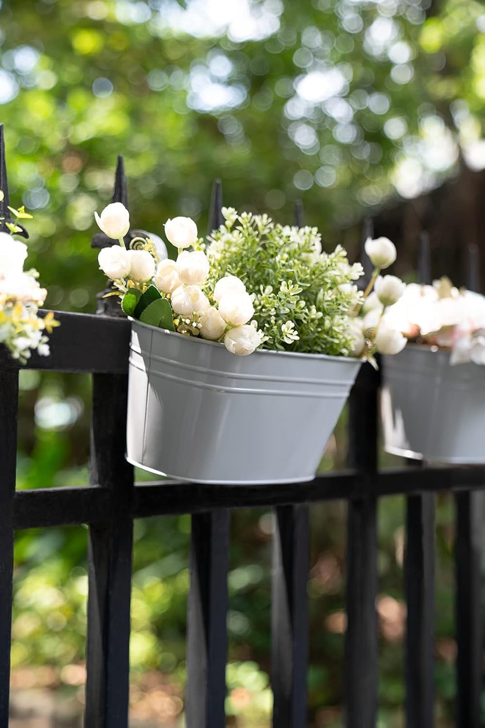 Metal Iron Hanging Flower Pots for Railing Fence Outdoor Planter - 3 Pcs Countryside Style Window Flower Plant Holder with Removable Hooks for Home Decor (Grey) - Grey image number 3