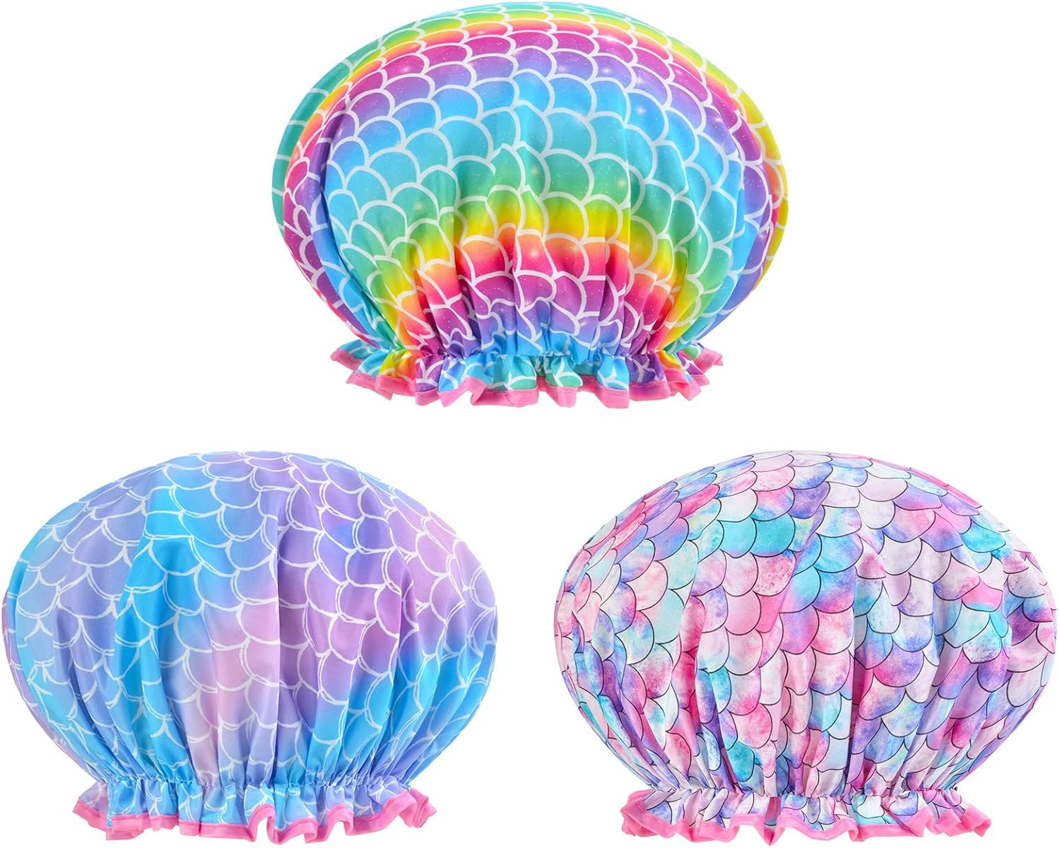 3 Pcs Kids Shower Caps for Girls - Cute Rainbow Hair Cap with Wide Elastic Band, Plastic Reusable Waterproof Toddler Bath Cap, Large for Women (Mermaid) - Rainbow image number 5