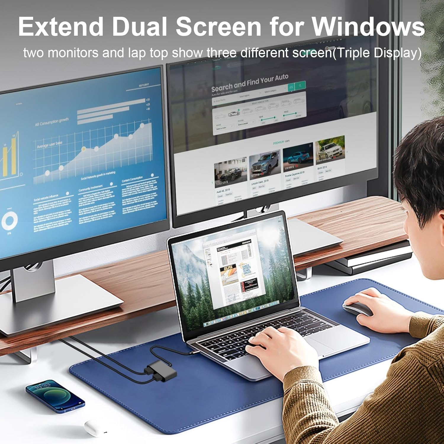 QIQIAZI USB C to Dual HDMI Adapter, 4IN1 USB Type C Hub with 2 Hdmi(4K30Hz)/Usb3.0/Pd Charging, Dual Screen Display USB-C Docking Station for Windows, Macos MST image number 4