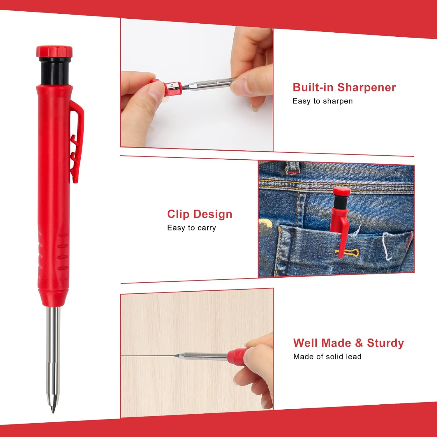 Coolrunner 1Pcs Carpenter Pencils, Mechanical Construction Pencil with Built-In Sharpener Long Nose Deep Hole Woodworking Pencils with 1 Boxes of Spare Refills Perfect for Deep Hole Marking (Red) image number 5