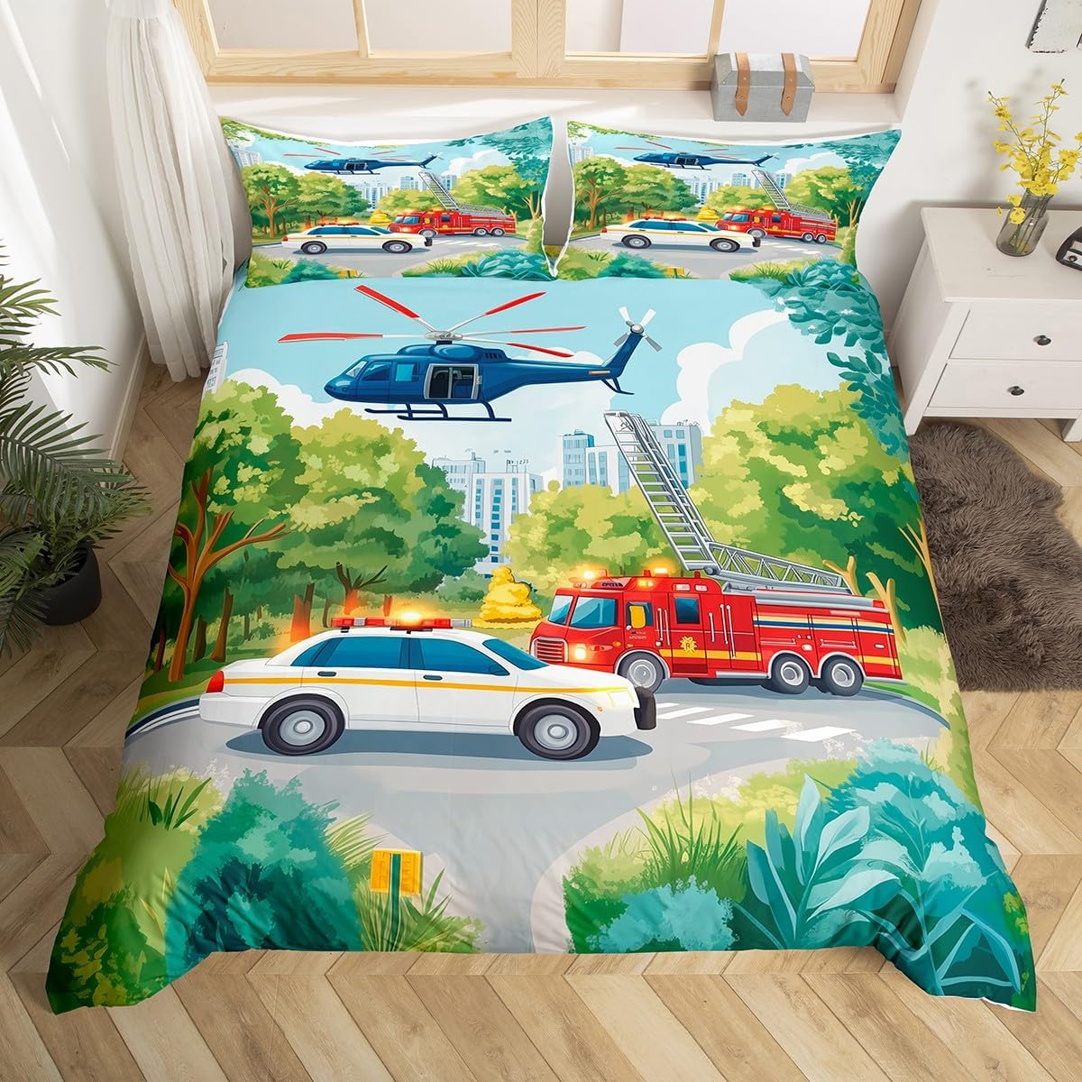 Fire Engine Duvet Cover Set, S Size, Children'S Boys Aeroplane Police Car Bedding Set, Cartoon Car Comforter Cover, Teens Child Sleep Decor, Modern Traffic Vehicles Quilt Cover, 1 Pillowcase image number 4