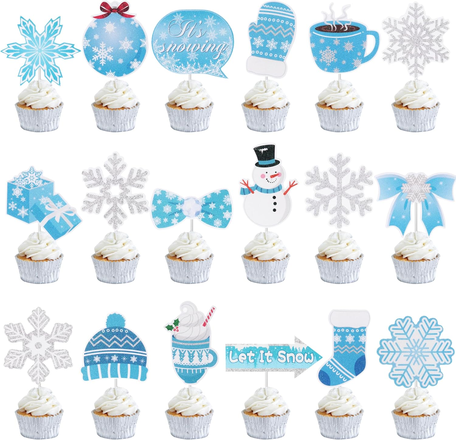 36Pcs Winter Party Decorations Snowflake Cupcake Toppers Snow Snowman Cupcake Topper Picks for Frozen Winter Theme Party Winter Birthday Party Christmas Baby Shower Supplies