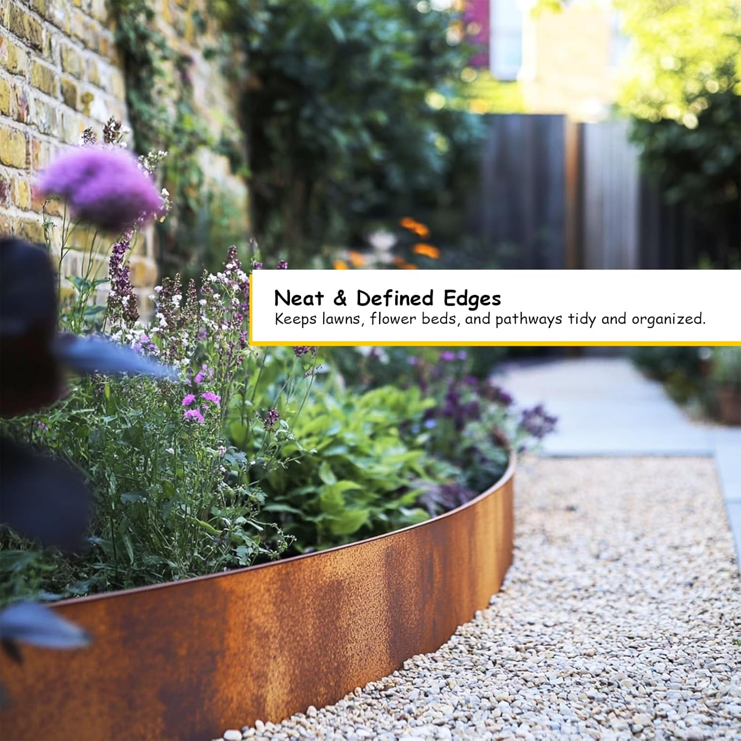Corten Steel Metal Lawn Edging 10 Metre (33Ft), Roll, Pre-Rusted Metal Garden Edging 14 Cm High, Easy to Install Garden Edge Border, Safety Gloves Included (Rust, 10M) image number 6