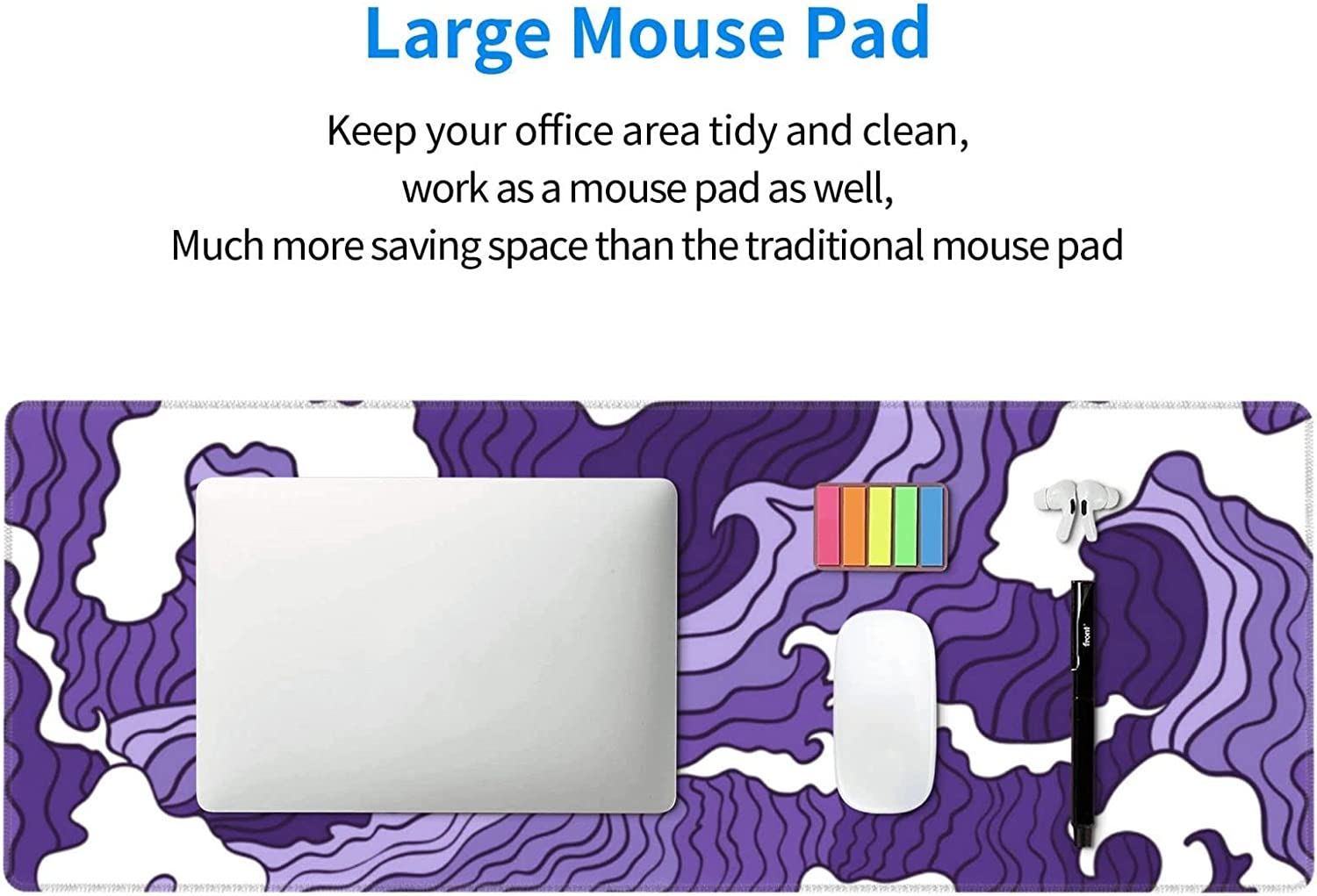 Japanese Purple Wave Large Mouse Pad XL Extended Gaming Mouse Pad Mat Desk Pad with Stitched Edge,Full Desk Mousepad for Office,Computer,Keyboard 31.5 X 11.8 Inch (Japanese Purple White Wave)