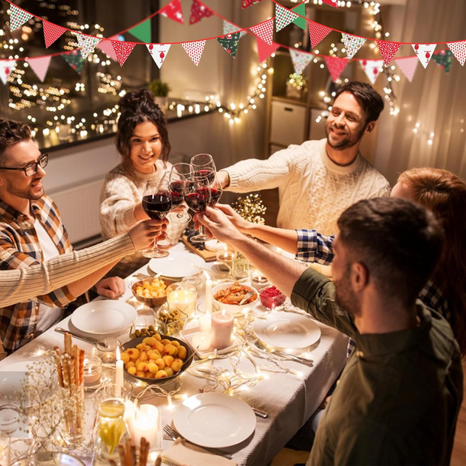 GCQQ 40 Ft Christmas Fabric Banner, 42Pcs Large Pennant Banner Flags, 14 Different Floral Banner Garland, Vintage Christmas Bunting, Fabric Pennant Banner for Party, Home, Outdoor image number 4