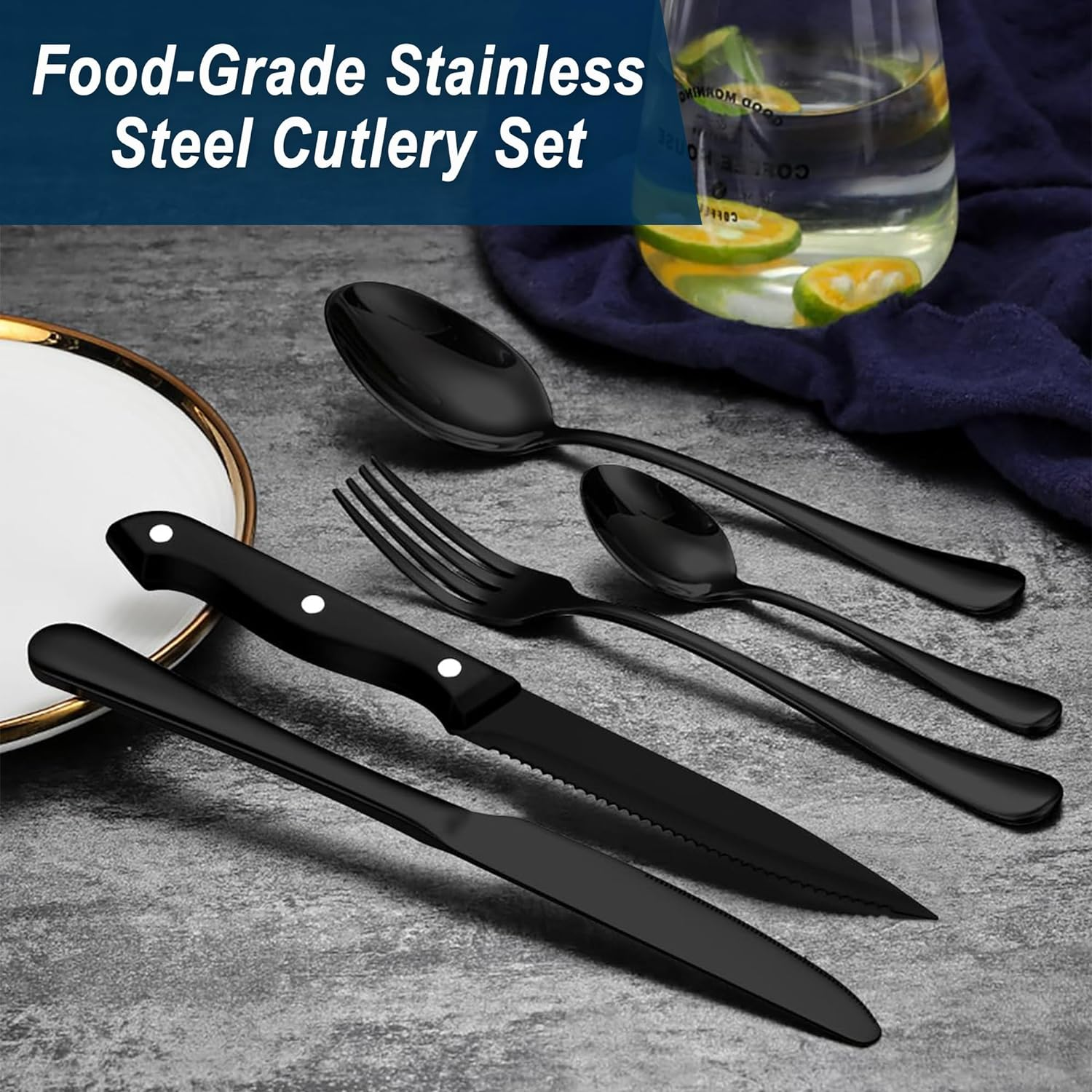 SHEUMNT 24-Piece Black Silverware Set with Steak Knives, Stainless Steel Cutlery Set, Food Grade Flatware Set Service for 4, Mirror Polished Tableware for Home Restaurant - Gold image number 3