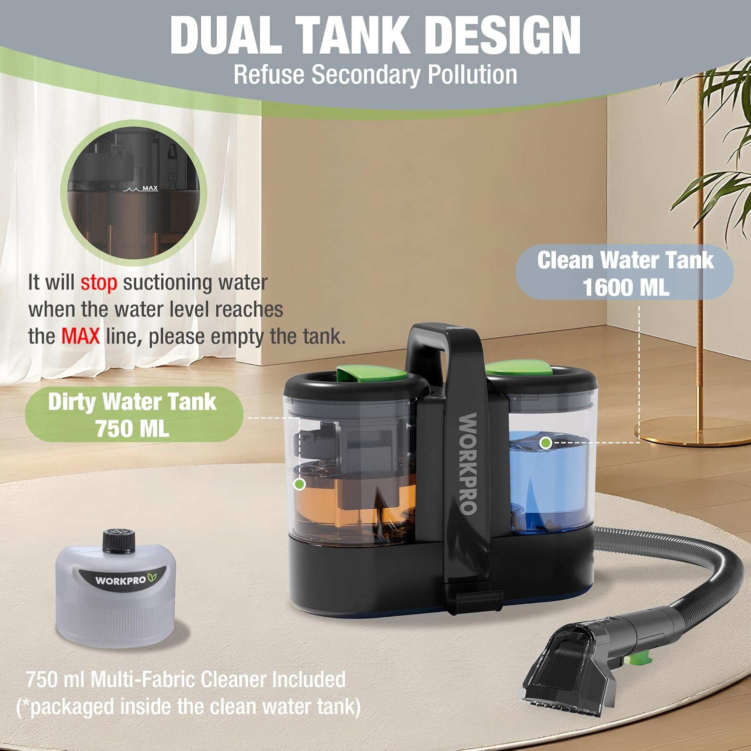 WORKPRO Carpet and Upholstery Cleaner, Portable Spot Cleaner 450W Lightweight Handheld Deep Cleaner Machine for Pet Stains,Rug, Mattress, Car Seat and Curtain image number 6