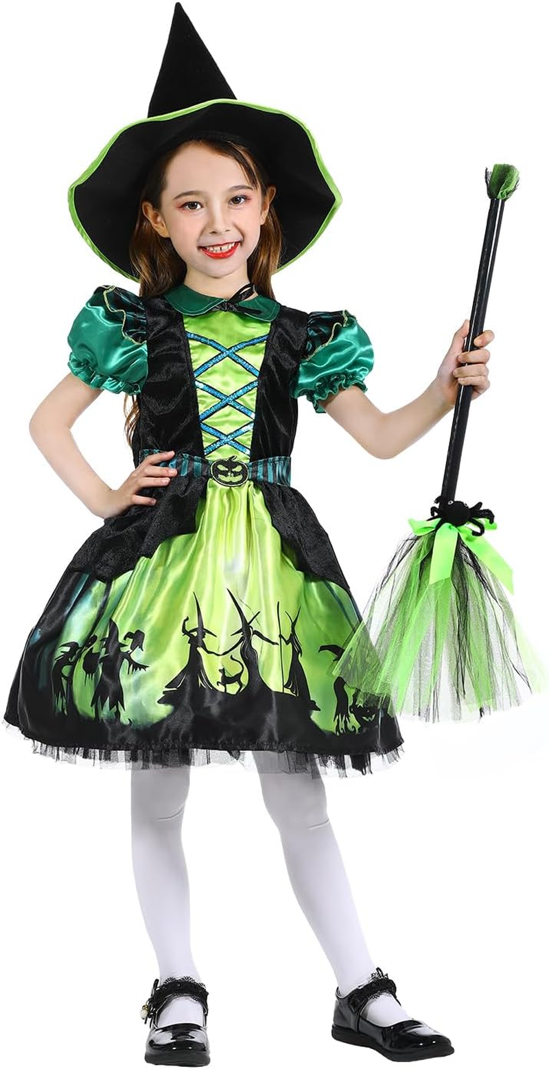 Children'S Halloween Witch Costume, Sparkling Blue Witch Dress with Hat, Halloween Witch Dress for Girls 7-8 Years