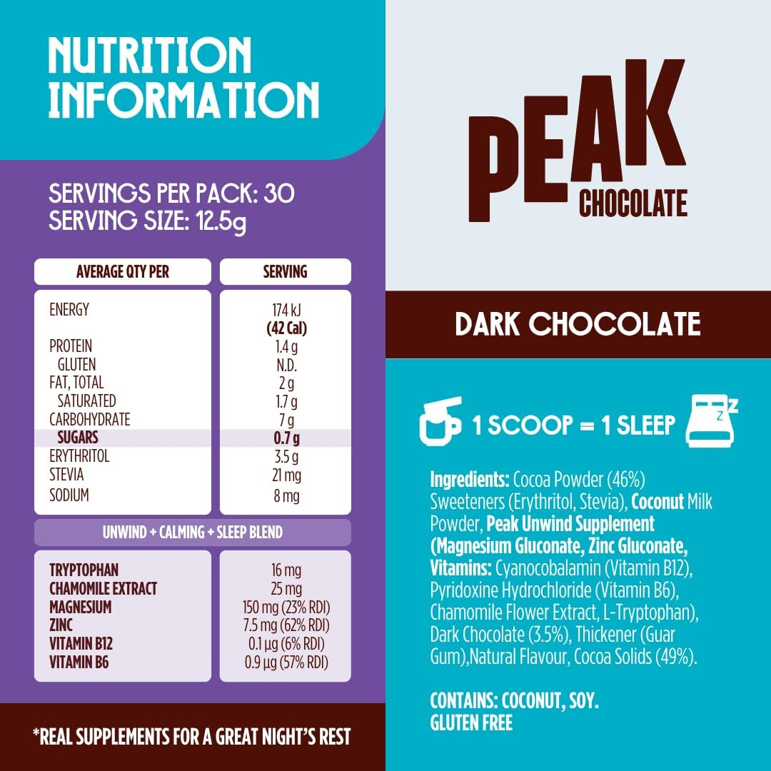 Peak Unwind Hot Chocolate Powder with Magnesium, Natural Sleep Aid - Sugar Free Dark Chocolate - Chamomile & Sleep Hot Powder, Keto-Friendly, Dairy-Free - 30 Servings image number 5