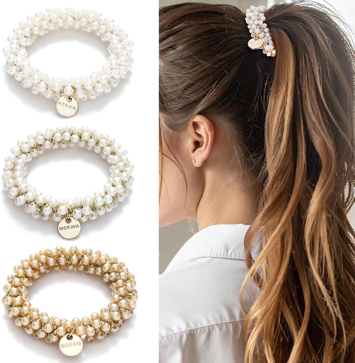 3-Piece Pearl Hair Scrunchie Beads Women'S Hair Bands with Beads Hair Band Beads Suitable for Straight, Curly and Long Hair Durable and Perfect for Any Look image number 4