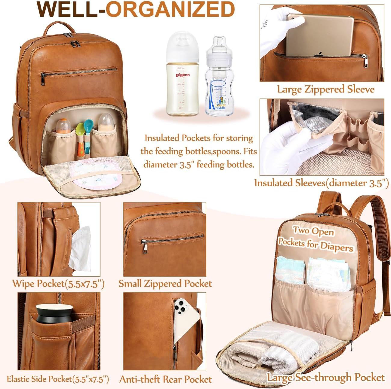 Diaper Bag Backpack, VASCHY Unisex Large Waterproof Vegan Leather Baby Nappy Bag with Changing Pad,Insulated Pockets,Padded Laptop Sleeve for for Mum,Dad,Travel,Business image number 4