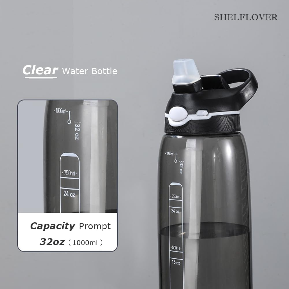 1000Ml Black Water Bottle with Straw, BPA FREE Clear Bottle with Handle One Hand Use Easy Carried, Flip Up, Suit School, Office, Gym, Office for Women Men image number 3