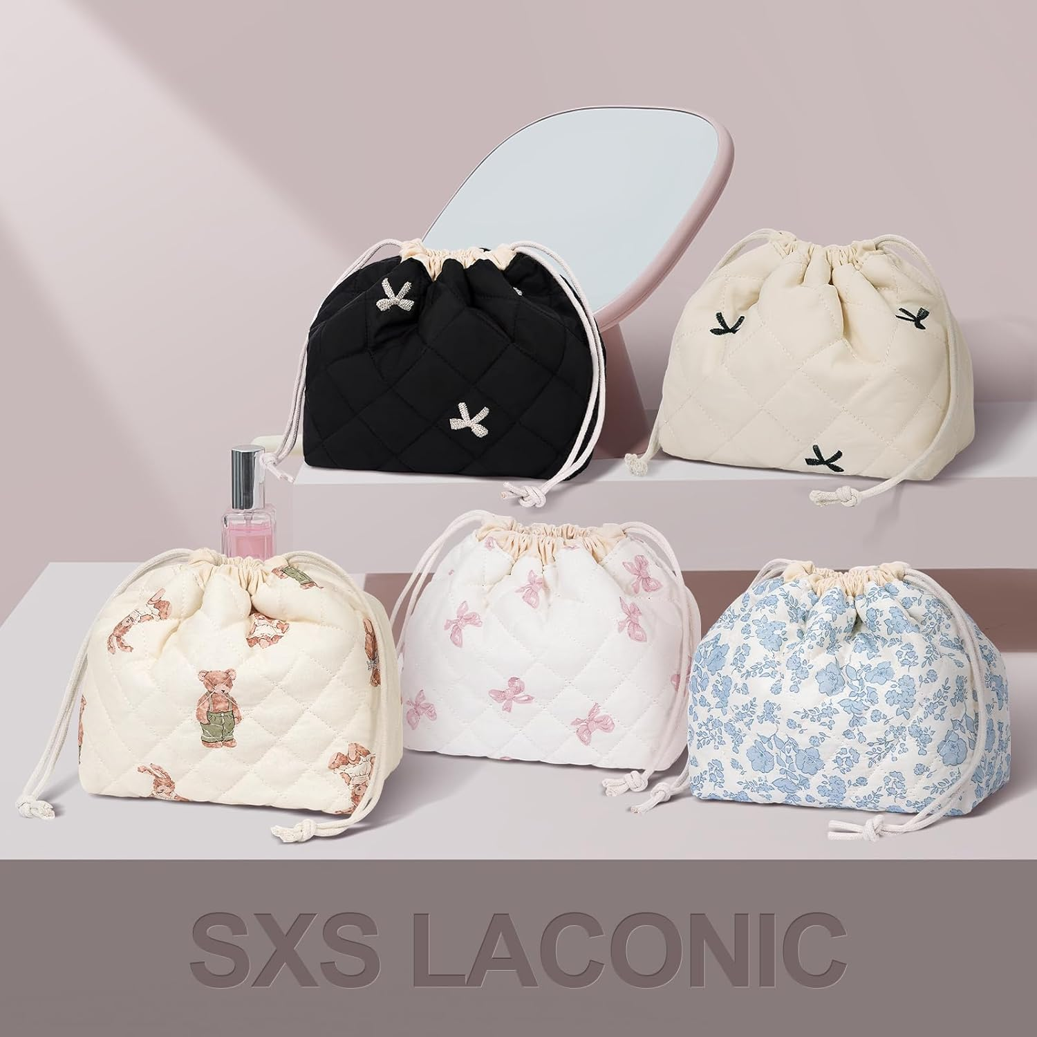 SXS LACONIC Drawstring Makeup Bag,Cotton Quilted Cosmetic Bag, Coquette Cute Organizer, Small Makeup Bag for Purse, Women Girls Portable Travel Cosmetic Pouch, Beige Bow image number 3