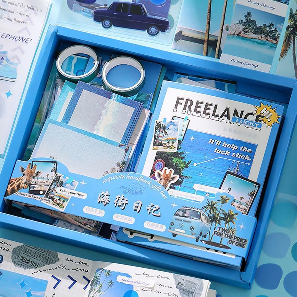 Scrapbook Kit with Scrapbooking Supplies Stickers, Aesthetic Scrapbook Paper, Washi Stickers, Tape, A6 Notebook Art Journaling Kit for Junk Journal DIY for Adults Teens (Sea) image number 2