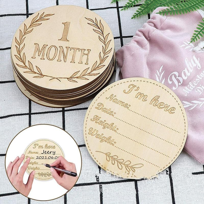 Baby Monthly Milestone Cards Sign, 13Pcs Wooden Monthly Milestone Cards Baby Announcement Cards Baby Monthly Milestone Discs, Baby Growth and Pregnancy Growth Cards,Wooden Baby Milestone Cards Discs image number 1
