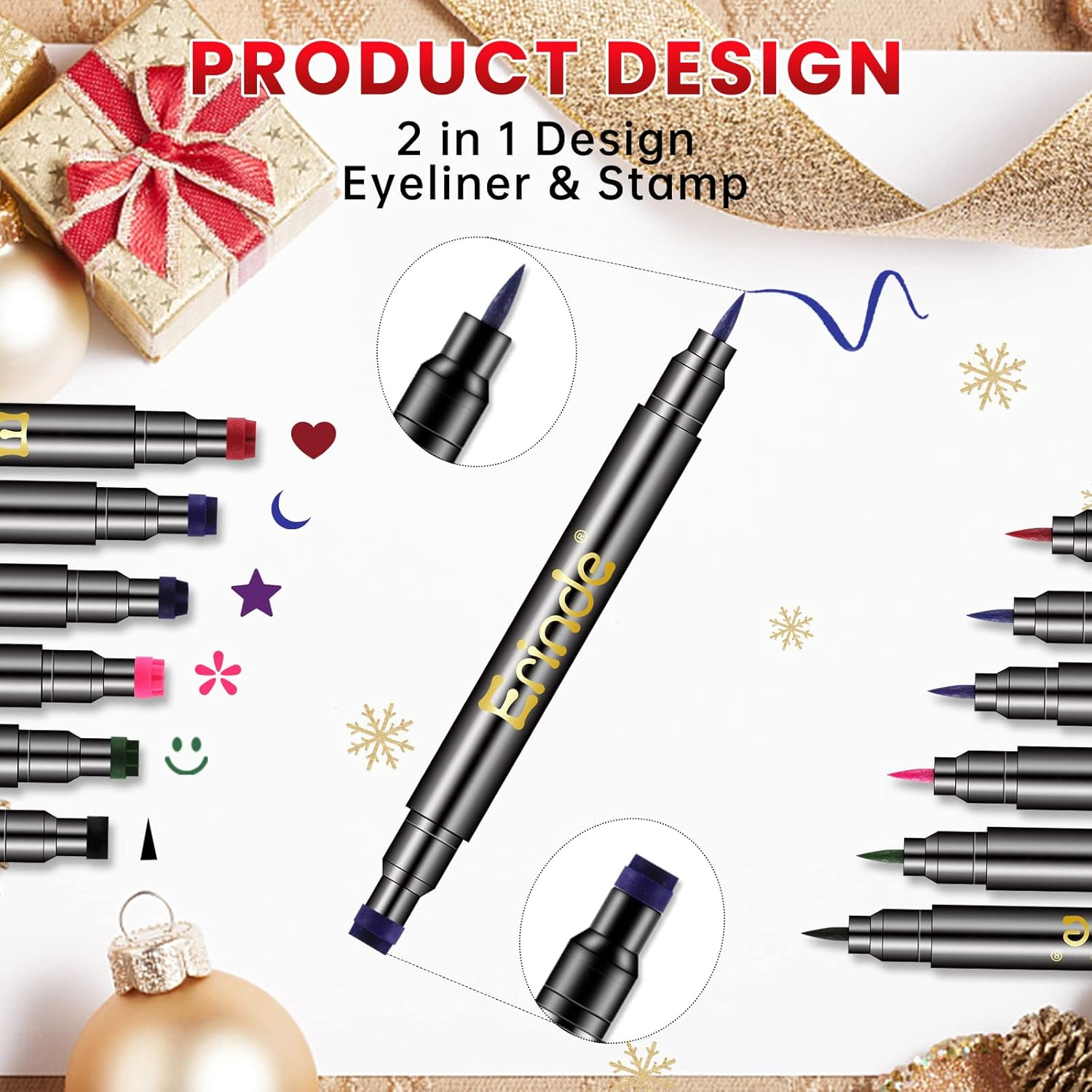 Erinde 6 Colors Double-Headed Liquid Eyeliner Stamp Pen Set, Blue Red Pink Purple Green Black Colorful Winged Eye Liners for Women, Waterproof Long-Lasting Star Moon Heart Halloween Eye Face Makeup image number 4