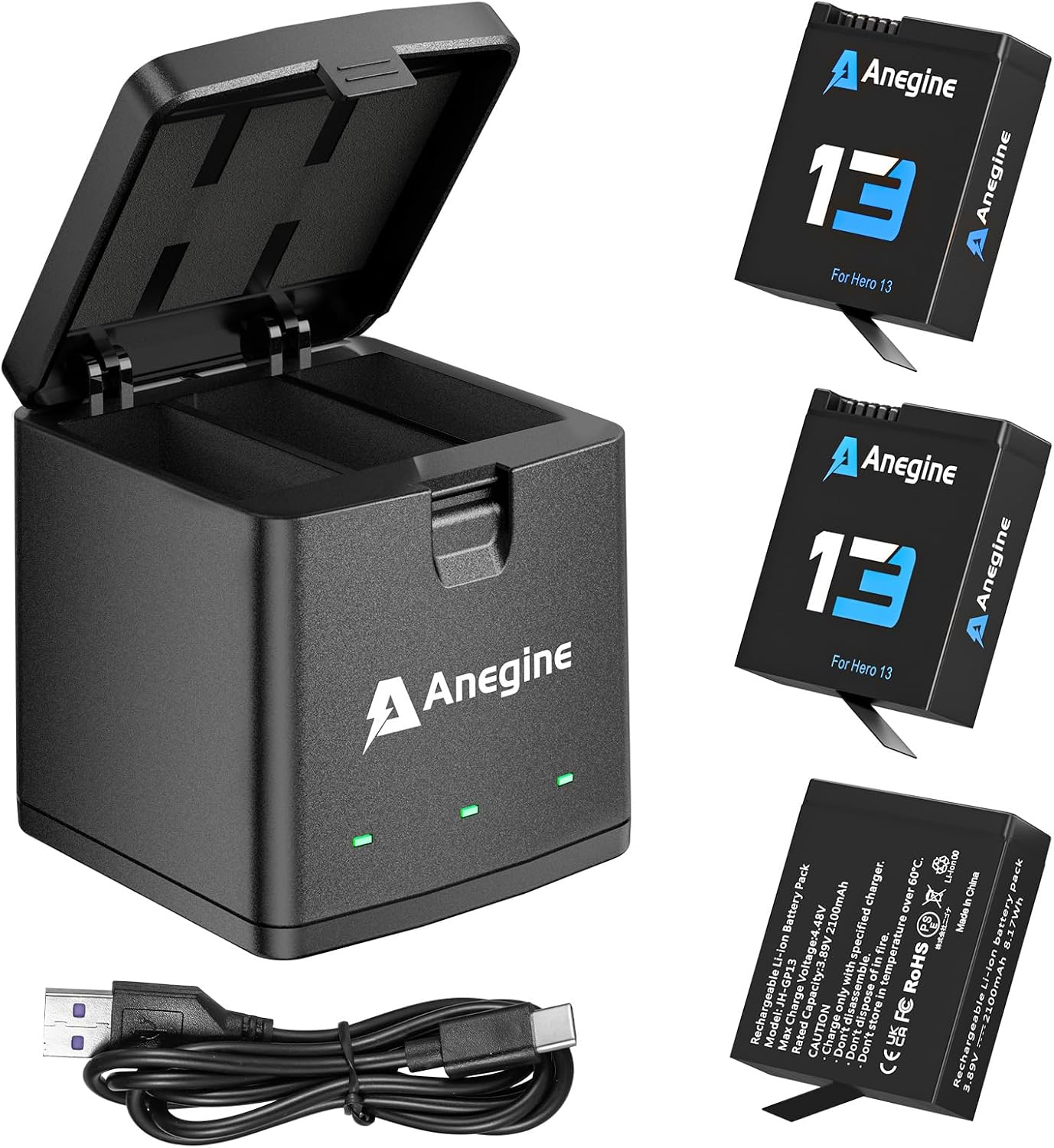 Go Pro Hero 13 Battery 2100Mah and LED 3-Slot Storage Charger for Gopro Hero 13 Black Enduro Rechargeable Battery with Type-C (3-Pack) image number 5