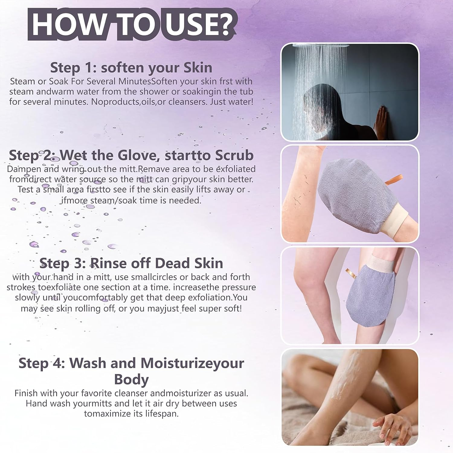 Clearnest Korean Exfoliating Glove Mitt 4 Pack - Dual-Sided Texture Body Scrubber for Deep Exfoliation & Dead Skin Removal - Premium Quality Bath Gloves for Women and Men - 4 Colors (14X21Cm) image number 4