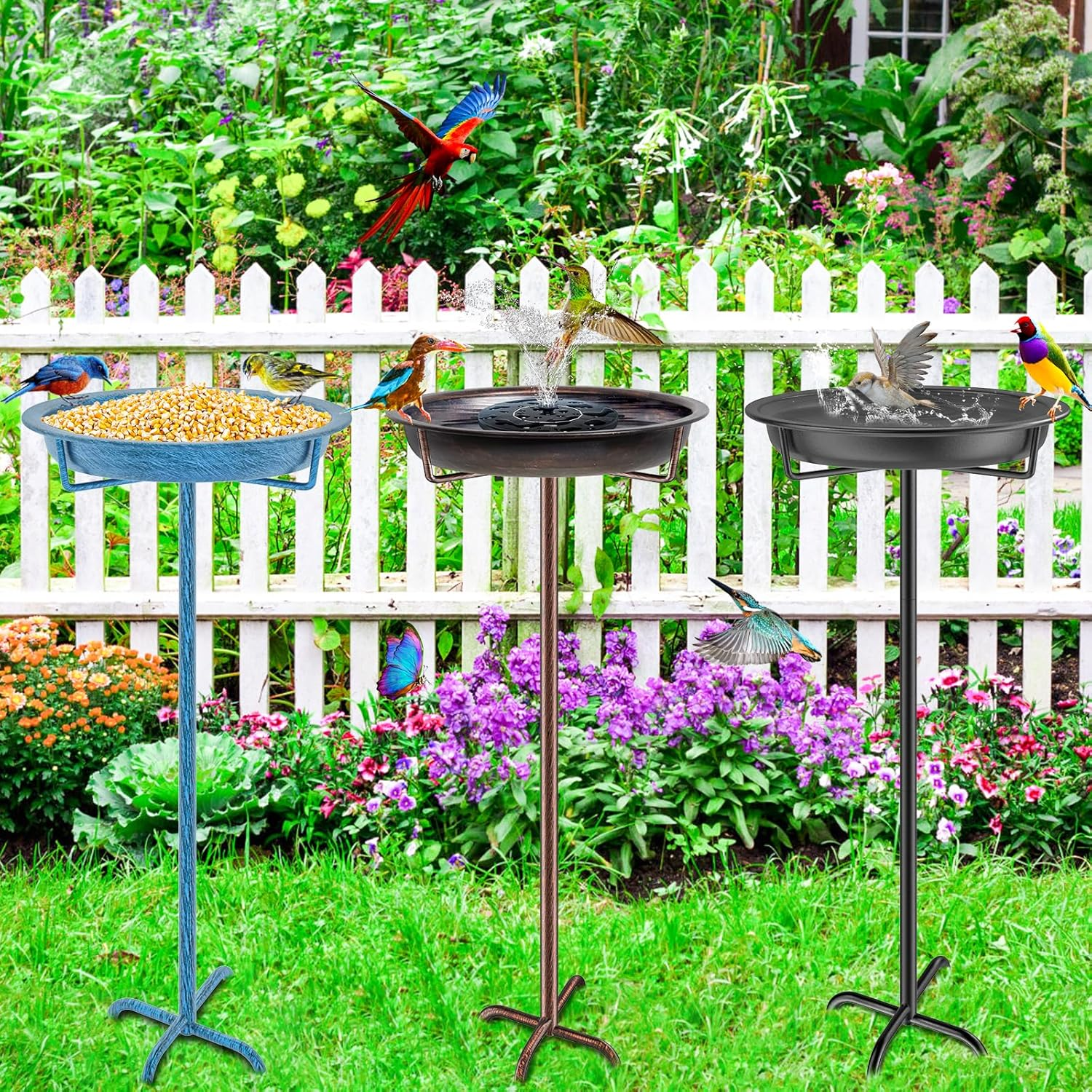 Metal Bird Bath for outside Garden Birdbath Bowl, 36.2" Height Freestanding Bird Feeders for Outdoors with 4 Prongs Base Stake, Standing Birdfeeders for Yard Lawn Decor (Retro Copper) - Retro Blue image number 4