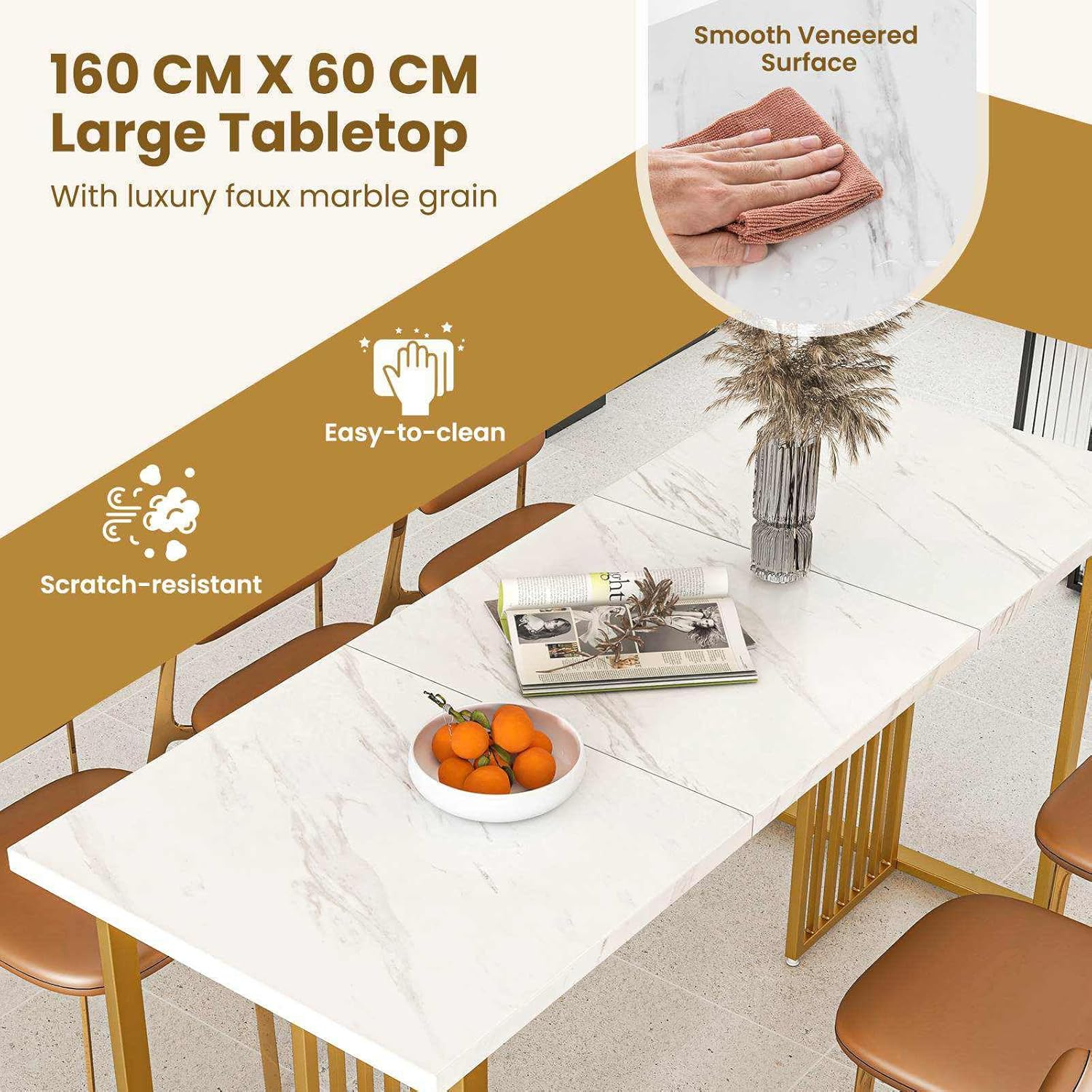 Giantex 160CM Modern Dining Table for 6-8 People, Rectangular Kitchen Table W/Faux Marble Tabletop, Metal Legs, Large Dinette Table for Dining Room, Living Room, Restaurant, Gold & White image number 6