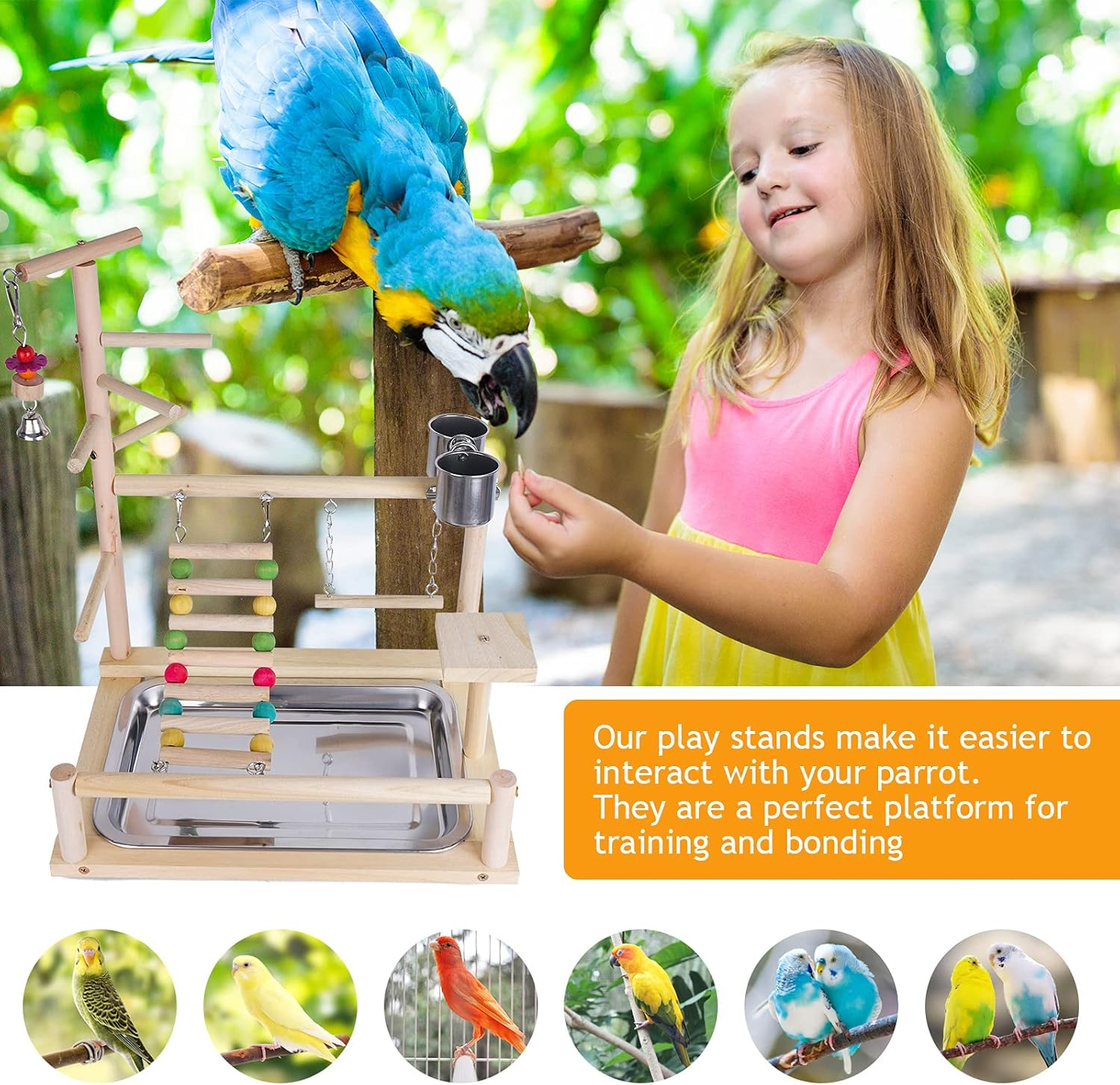 Roseflower Parrots Bird Wooden Playstand, Birdcage Playground Play Gym Parakeet Playpen Ladder with Feeder Cup and Tray, Bird Toys Swing Exercise Toy #4 image number 3