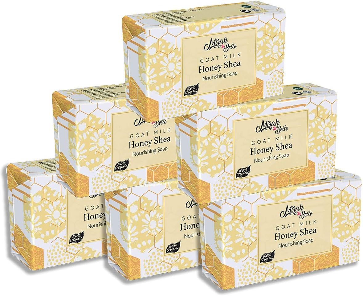Mirah Belle - Organic Goat Milk, Honey & Shea Butter Sensitive Skin Soap Bar - (Pack of 6-125 Gms) - Unscented, Foe Sensitive Skin. SLS, Paraben, Gmo-Free, 750 Gm