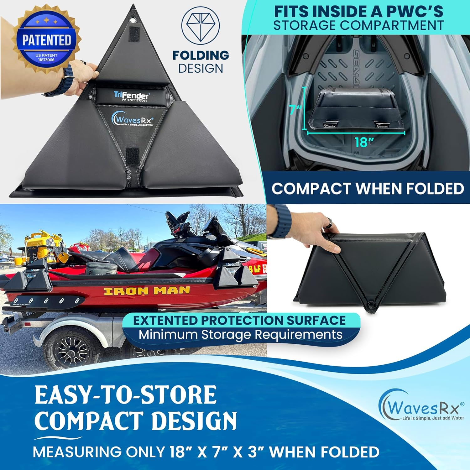 WAVESRX PWC Fender Bumper for Safe Jet Ski Docking | Foldable Easy-To-Store Marine Bumpers Offer Ultimate Protection from Dock Rash and Scratches | Adjustable Length Bungee Cord + Hook & Safety Latch image number 5