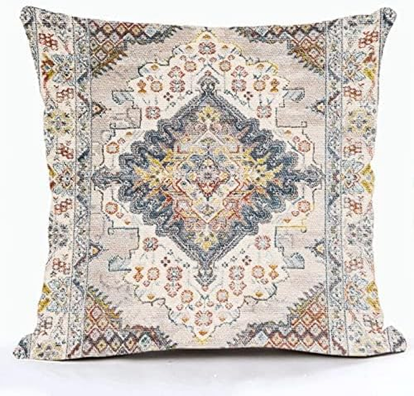 Throw Pillow Cover, Boho Style Ethnic Design Pattern Linen Carpet, Tribal Pattern Throw Pillow Case, Cushion Cover, Home Office Decorative Square 18X18 Inch (2Pcs) (Beige)