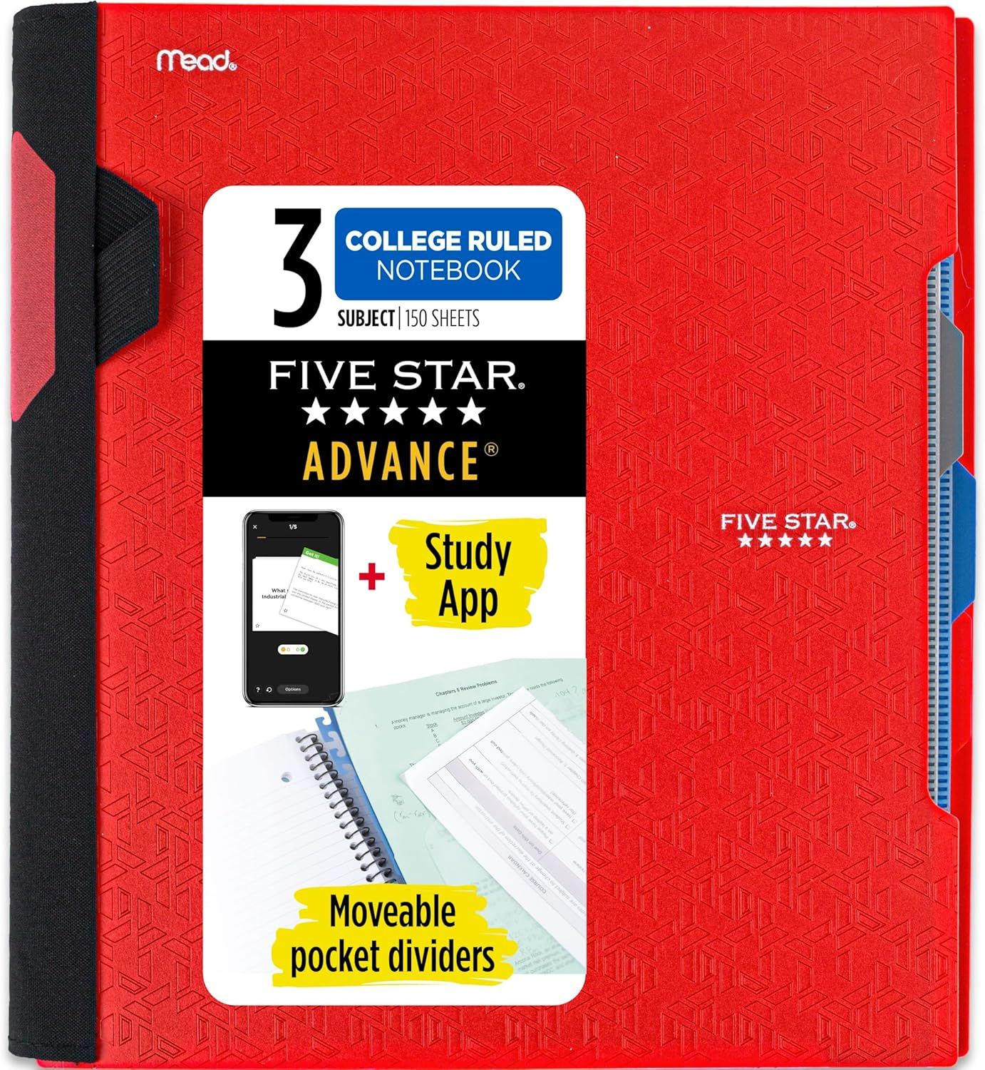 Five Star Advance Spiral Notebook, 3 Subject, College Ruled Paper, 150 Sheets, 11" X 8-1/2", Black (73132)
