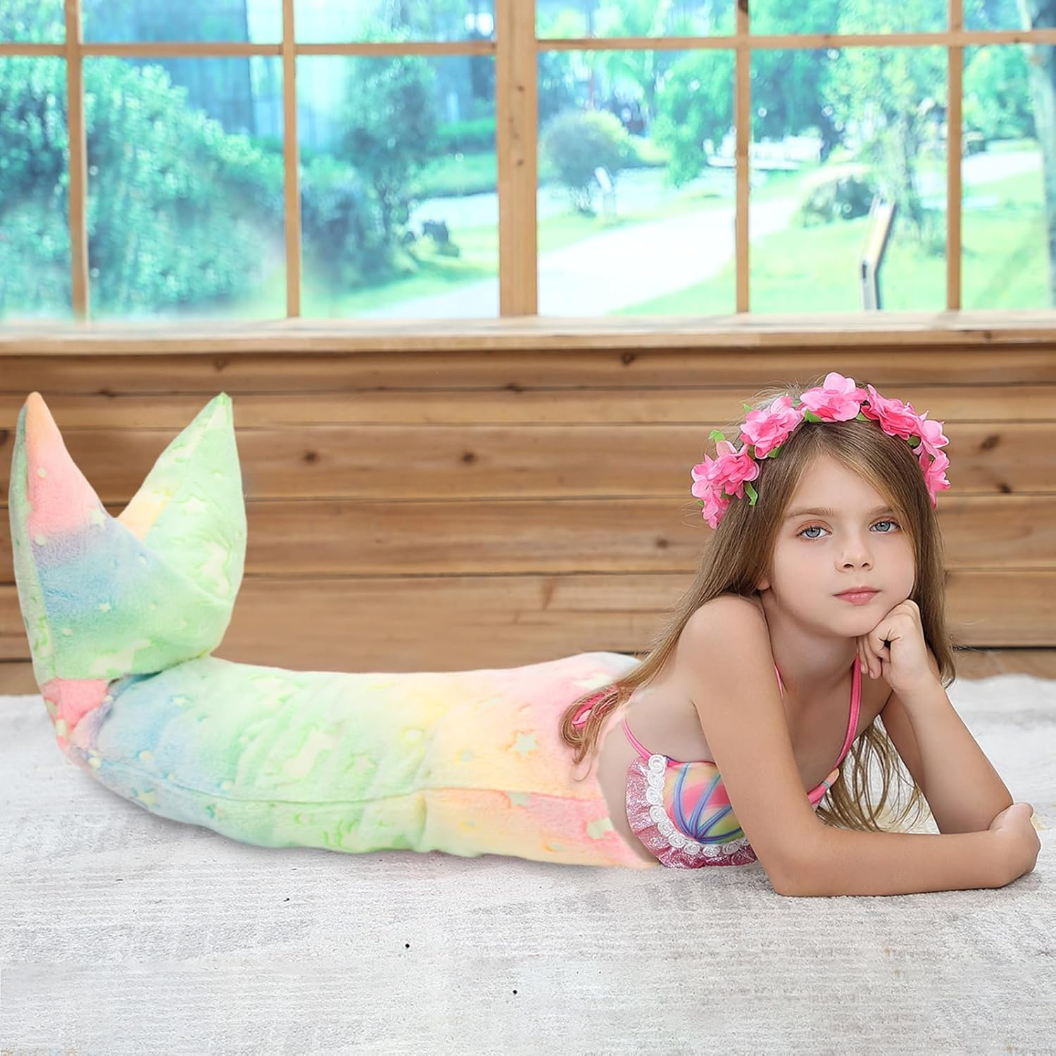 Kids Mermaid Tail Blanket, Soft Luminous Mermaid Blanket Flannel Girls Mermaid Toys Colorful Snuggle Blanket Soft Sofa Blanket Mermaid Sleeping Bag with Double Stitching (Style 1)