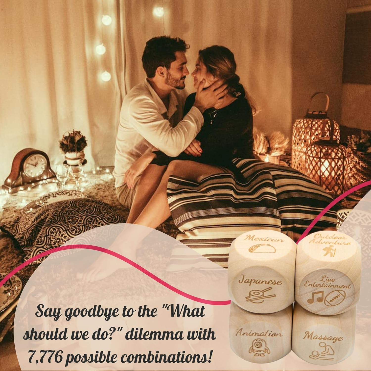 Deluxe Date Night Dice Set - Fun Couples Romantic Game - 4 Engraved Dice, Elegant Board & Carry Bag for Valentines, Anniversaries, Special Nights - Food Dice Boyfriend Girlfriend Wife image number 3