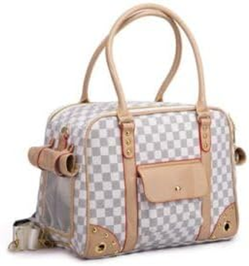 Luxury Travel Pet Carrier Tote, Checkerboard Pattern, White and Gold, for Small Dog, Tote Dog Bag for Puppy image number 1