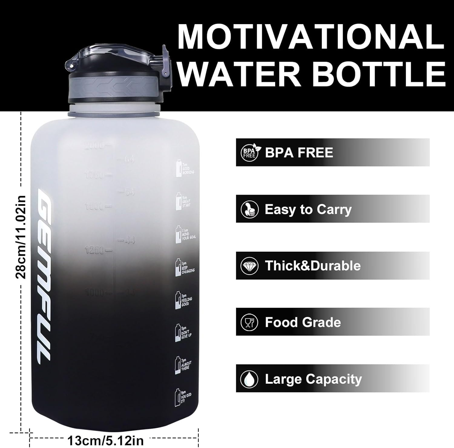 GEMFUL Motivational Water Bottle with Straw and Time Marker 74Oz Big Gym Bottles Water Jug BPA Free Leak Proof Hydrated for Sports Workout Fitness Outdoors (White Black) - Cyan With Straw image number 7