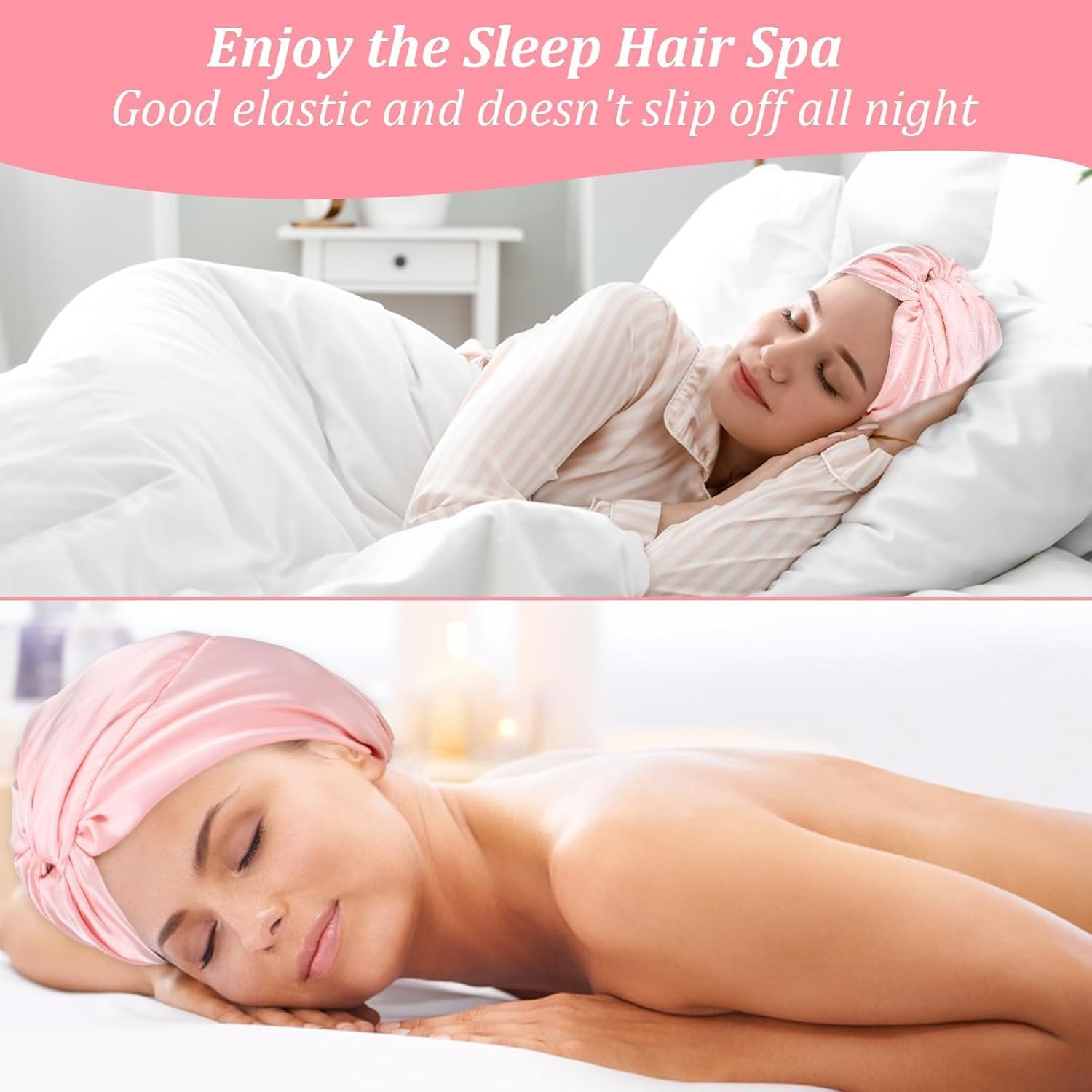 Silk Shower Cap for Sleeping Women 1PC Adjustable Silk Satin Hair Bonnet Double Layer Hair Wrap Sleep Cap Night Turban Soft Shower Cap Curly for Sleep for Long Curly Unisex (Pink, One Size) image number 4