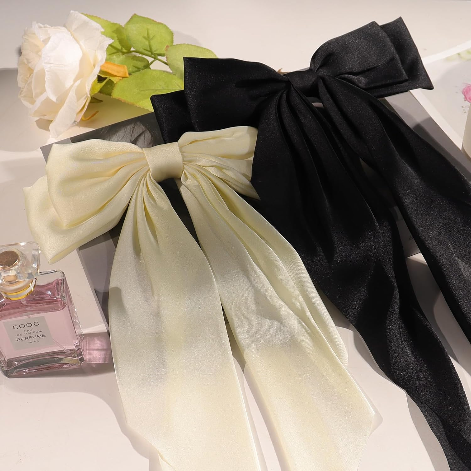 Blooms Big Bow Hair Clip, Satin Hair Bows for Girls Women White Black Hair Bow Clip Solid Color Hair Ribbon 2 Pcs Long Silky Bows for Hair French Barrettes Stylish Hair Accessories for Party, Wedding
