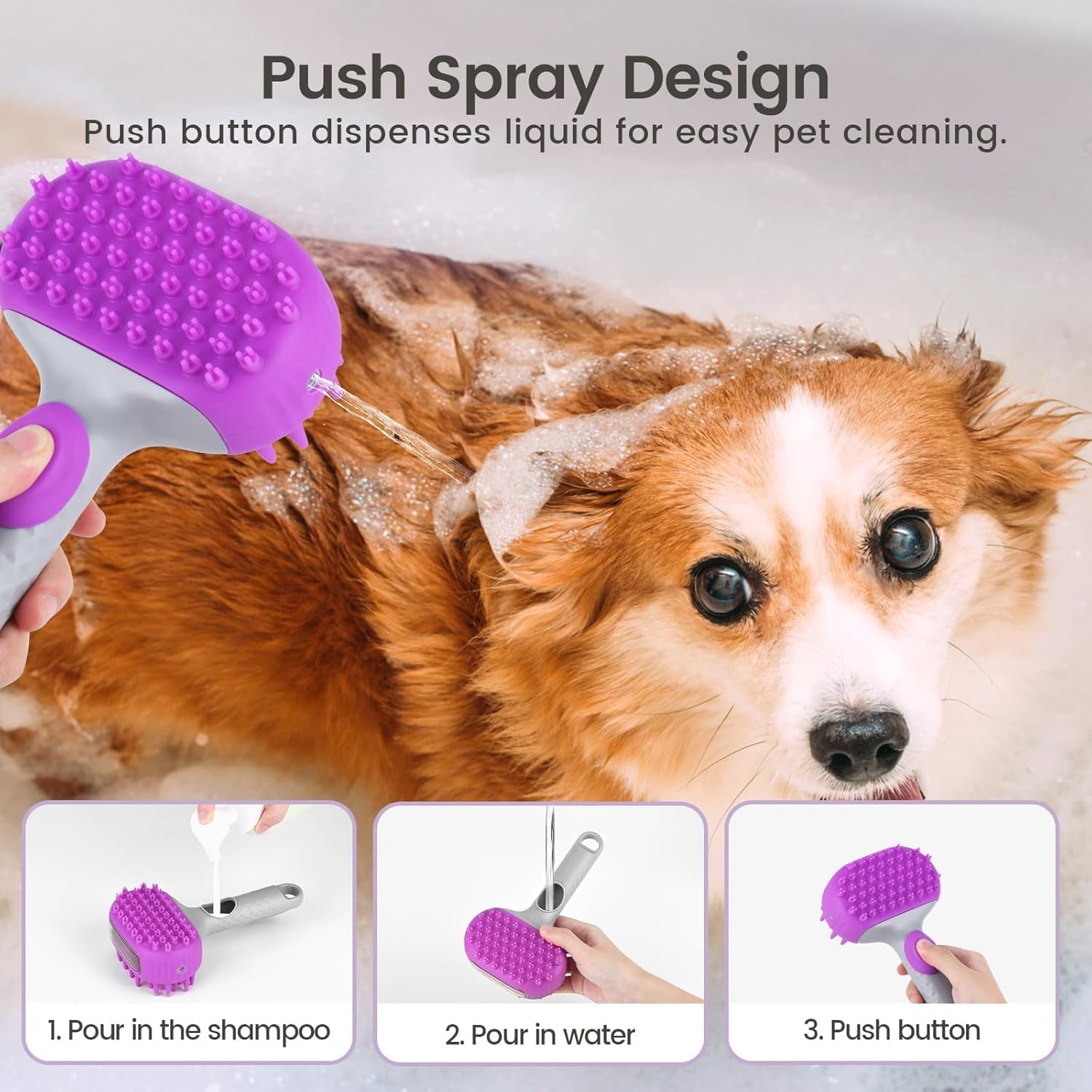 Dog Bath Brush | Dual-Side Dog Shampoo Brush | Dogs Scrubber for Bath | Dog Grooming Brush with Non-Slip Handle Dogs Washing Brush for Pets Deshedding, Massaging & Grooming (Purple, One Size) image number 1