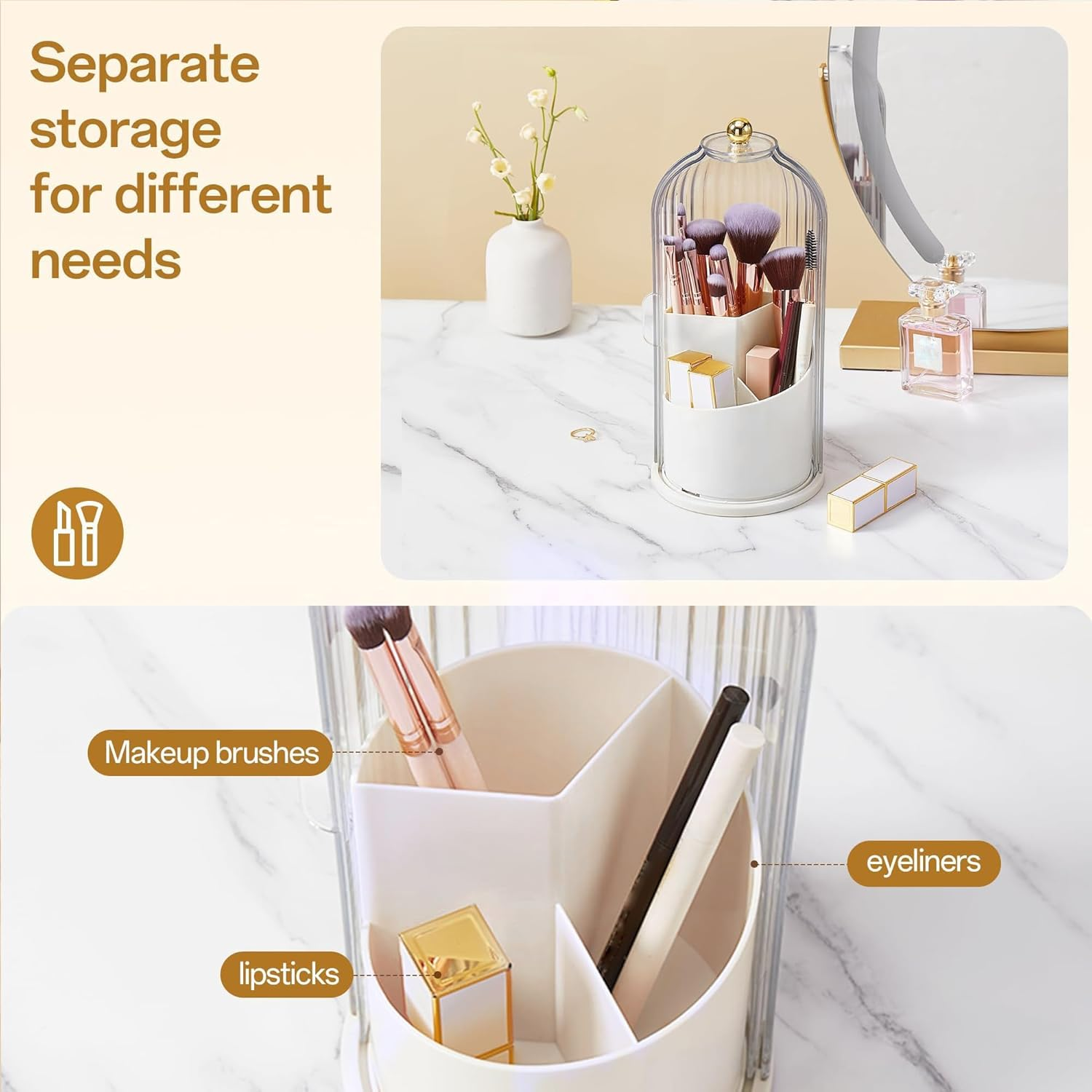 STORICANS Makeup Brush Holder Rotating Organiser with Clear Lid，Sliding Opening Dustproof Makeup Brush Case Makeup Organizer Storage for Dressing Table Organiser,Vanity,White - White image number 5