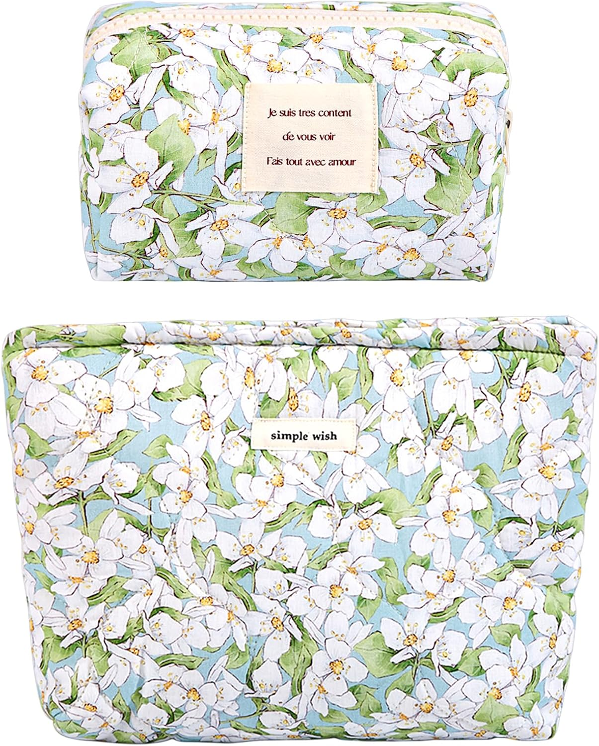 2 Pcs Floral Makeup Bag Large Travel Cotton Quilted Cosmetic Makeup Bag Organizer, Cute Coquette Aesthetic Zipper Portable Pouch Purse Storage Toiletry Bag for Women Girls Accessories, L-Green